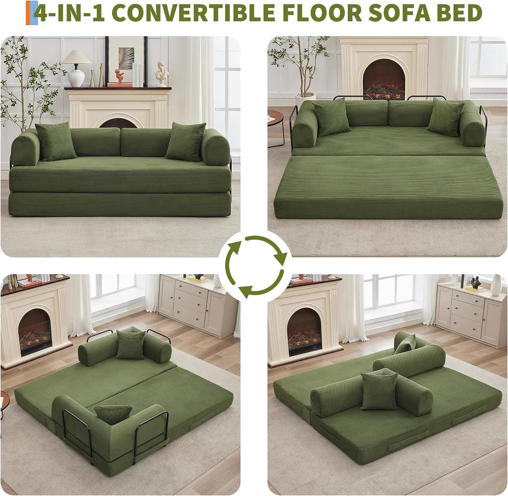 IDEALHOUSE 4 in 1 Convertible Sleeper Sofa Bed Couch, 79 Inch Boneless Corduroy Floor Couch with Pillows, No Assembly, Modern Deep Seat Sofa Futon Mattress for Living Room,Apartment,Green