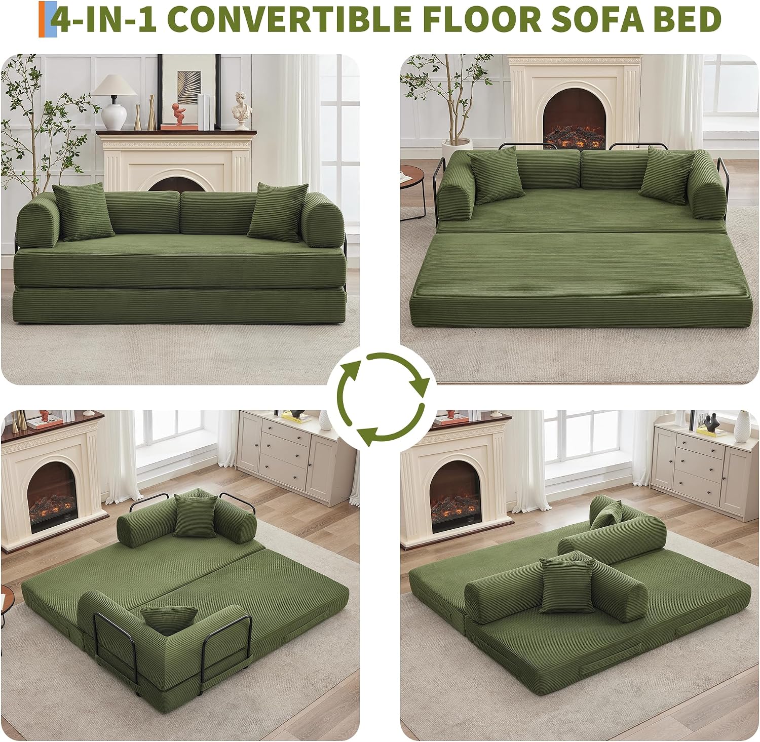 IDEALHOUSE 4 in 1 Convertible Sleeper Sofa Bed Couch, 79 Inch Boneless Corduroy Floor Couch with Pillows, No Assembly, Modern Deep Seat Sofa Futon Mattress for Living Room,Apartment,Green
