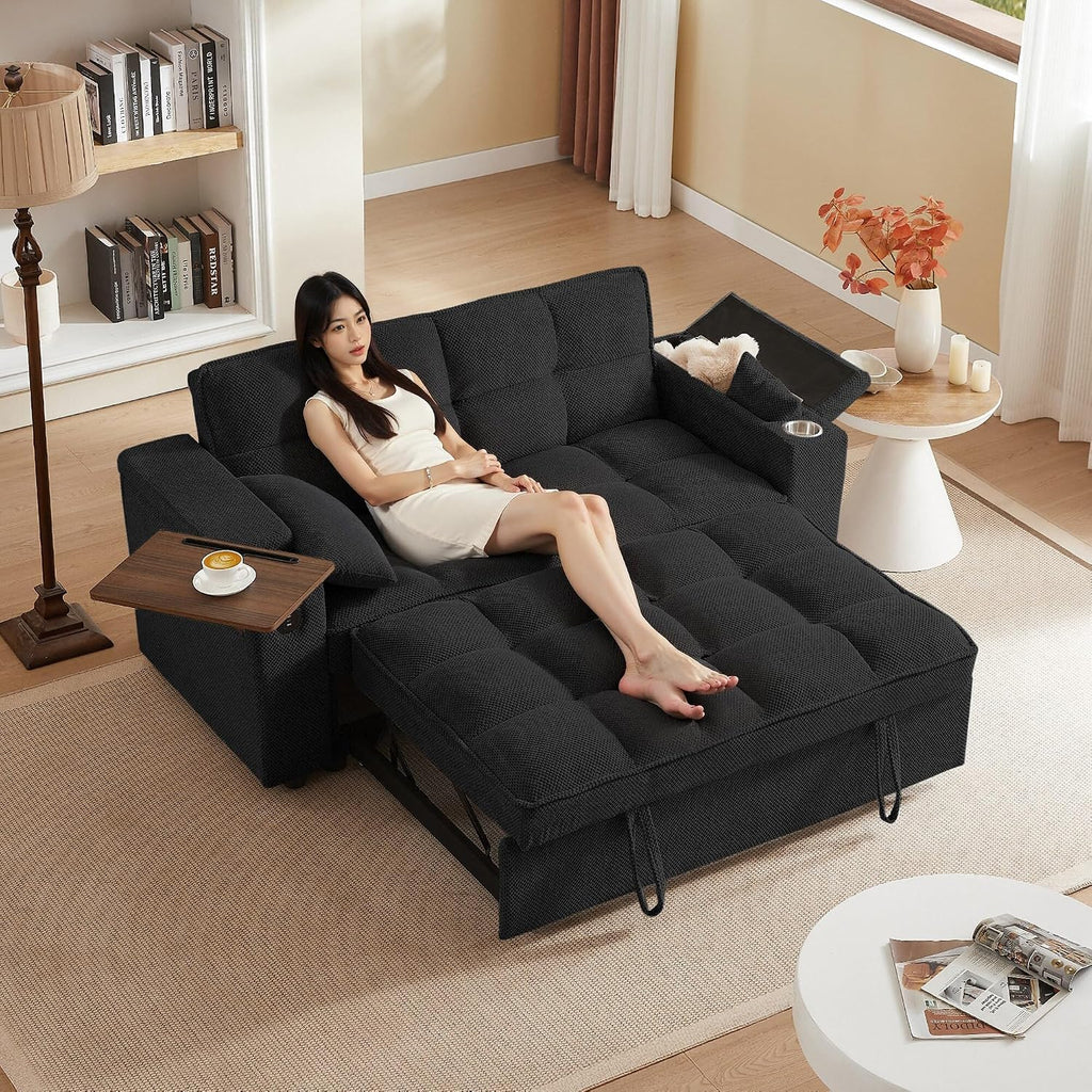 hansones 66' 3-in-1 Folding Convertible Sofa Bed, Queen Size Pullout Sofa, Modern Chenille Fabric, 360° Swivel Side Table, Easy Assembly, Perfect for Living Room (ZY-1107S-Black)