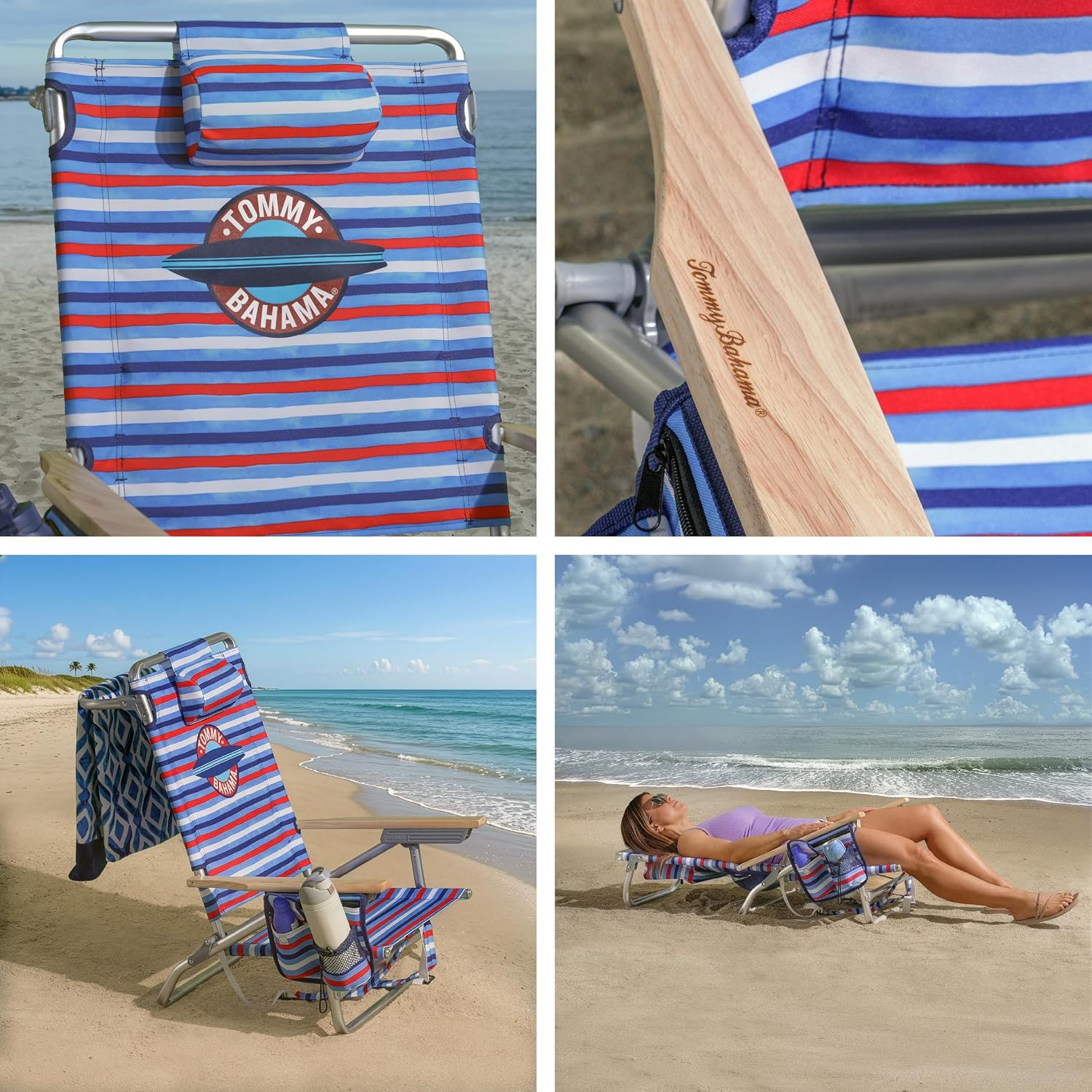 Tommy Bahama 2-Pack 5-Position Classic Lay Flat Backpack Beach Chair with Cooler and Cup Holder, Portable Folding Beach Chair for Tanning, Red/White/Blue