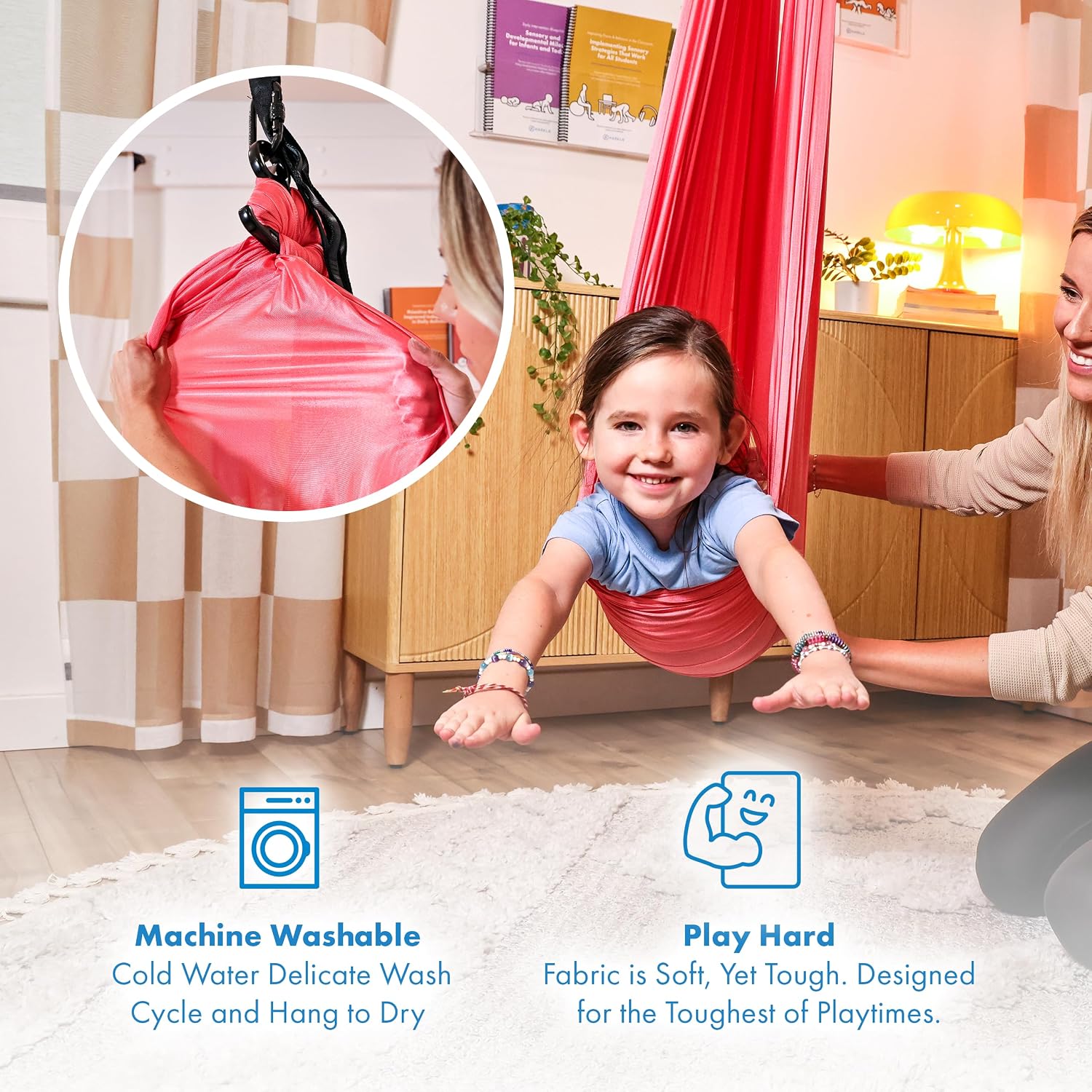 Harkla Sensory Swing for Kids & Adults - Holds 300lbs, Indoor Outdoor Sensory Swing for Hug Like Calming Effect - Durable Soft Stretch Fabric and Heavy Duty Hardware (Pink, 100' Swing + 5' Swivel)