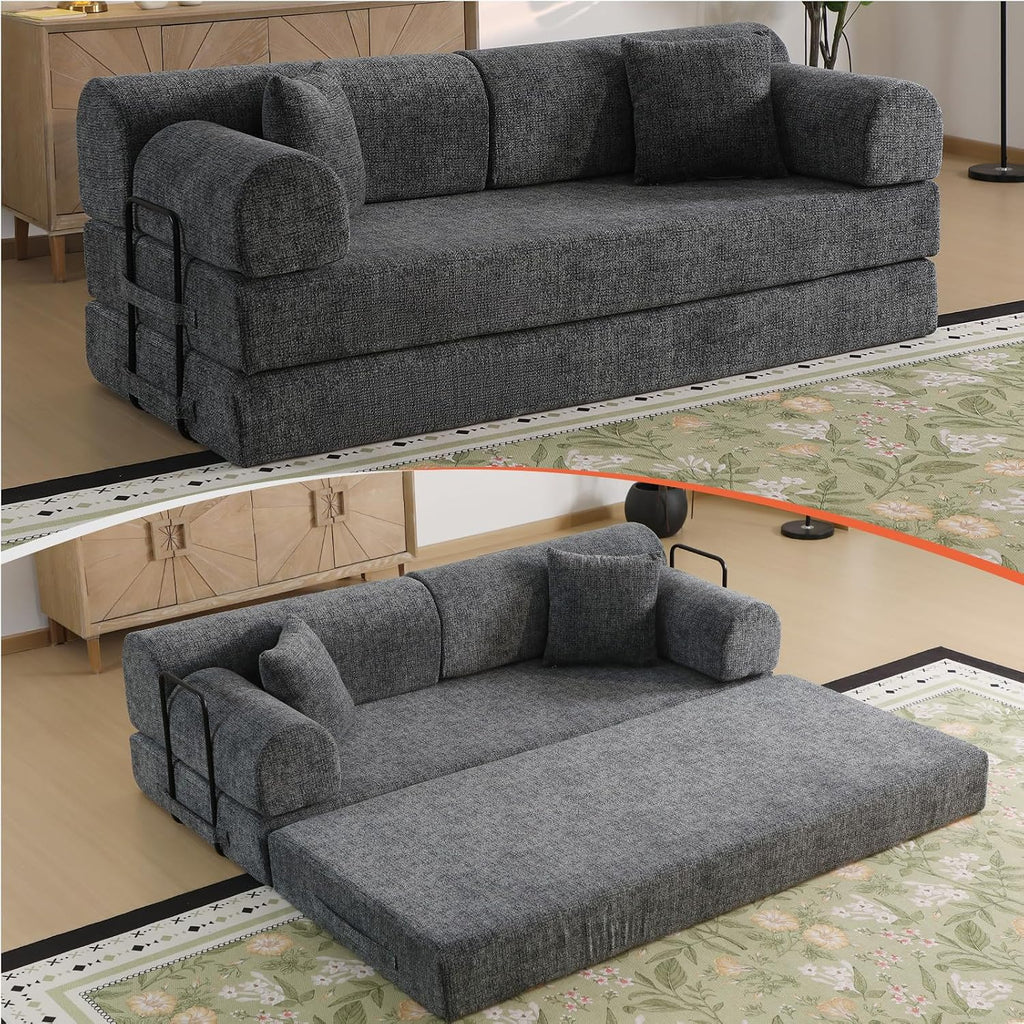 78.8' Memory Foam Boneless Couch, Corduroy Floor Sofa Bed, Convertible Sleeper Futon Loveseat, Wide Armrest & Back Support, Supports Up to 1200lbs, Couch in a Box with 2 Pillows, Charcoal Gray
