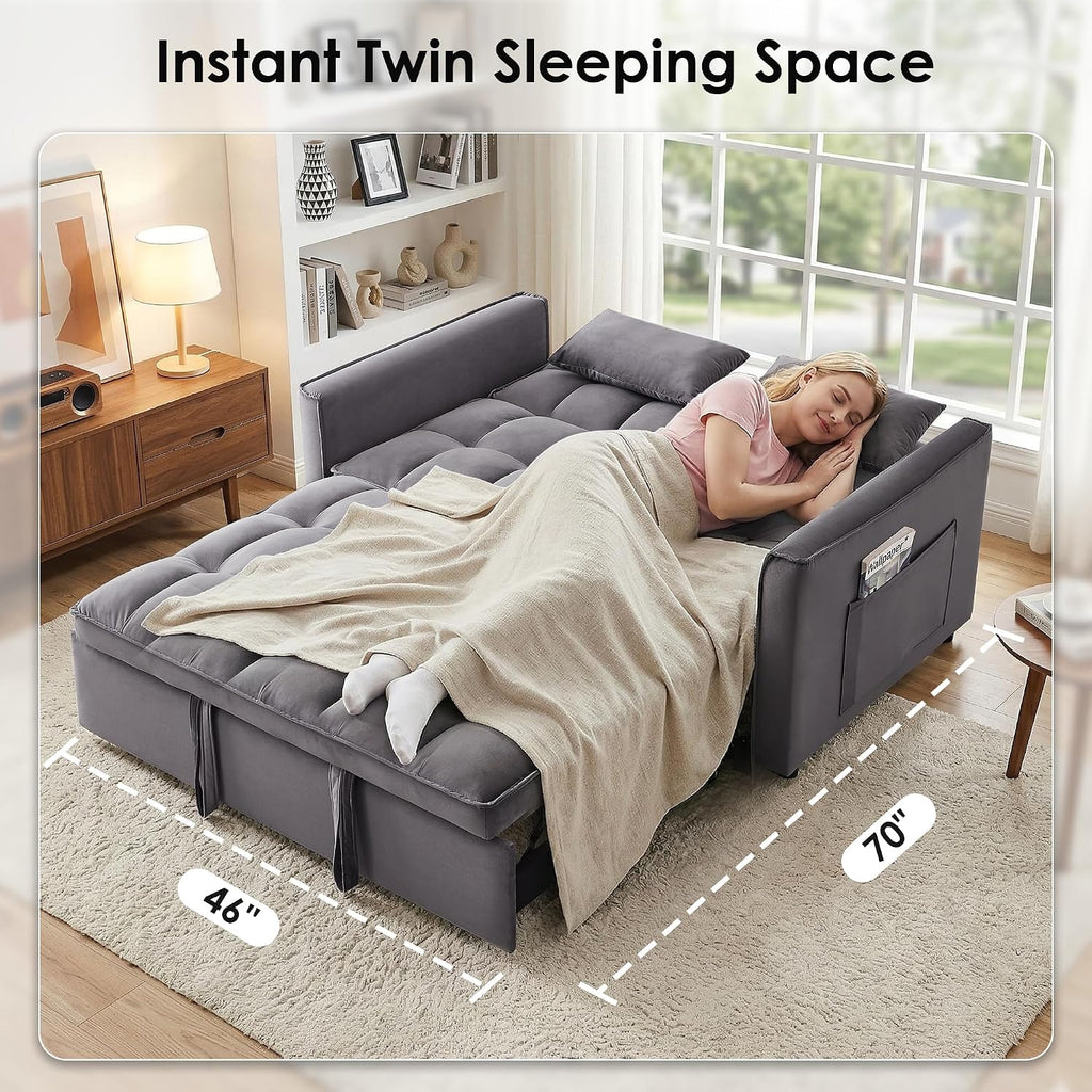 3 in 1 Convertible Sleeper Sofa Bed, 55' Pull Out Couches, Modern Loveseat Sleeper Sofa with Adjustable Reclining Backrest & Side Pockets for Living Room, Velvet Fabric, Dark Gray