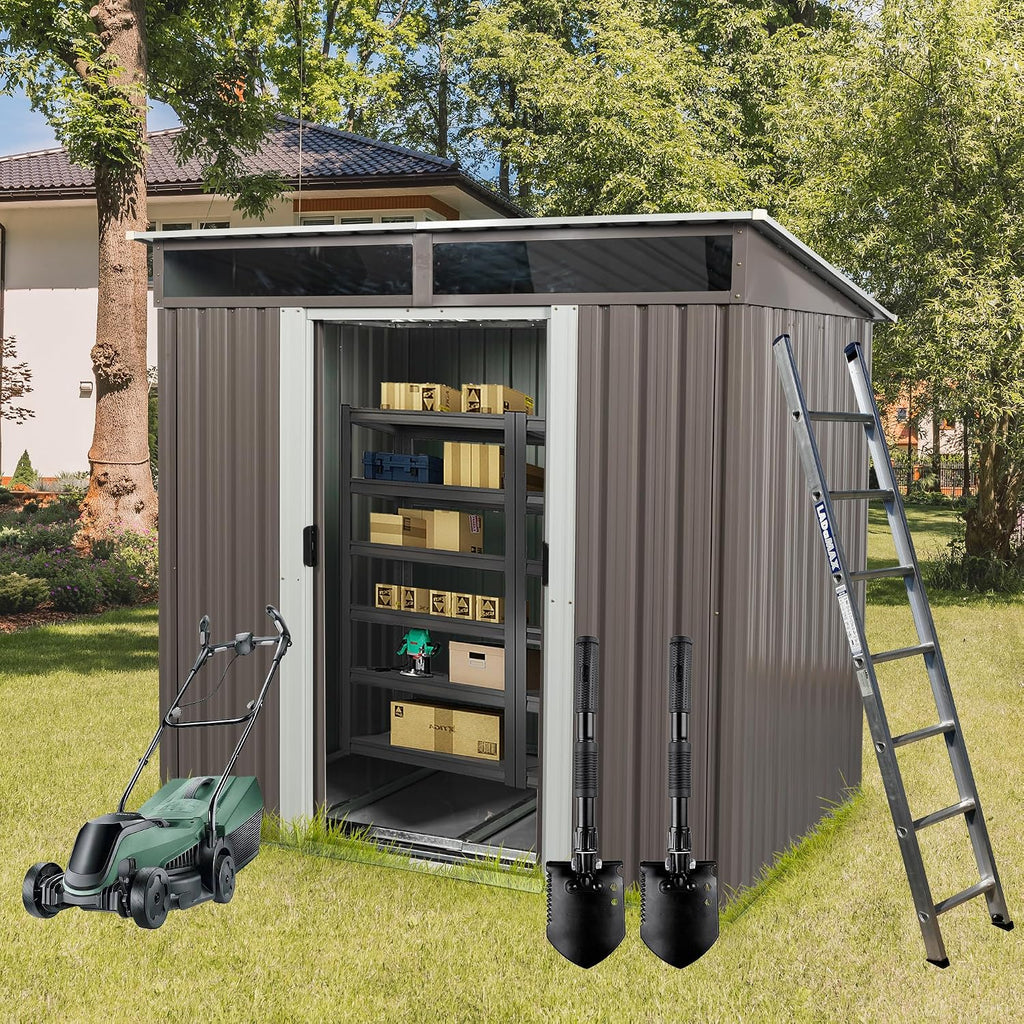 KELRIA 6ft x 6ft Outdoor Metal Storage Shed with Metal Floor Base,Metal Outdoor Storage Sheds with Sliding Doors, Large Garden Shed Outdoor Utility Tool Shed with Pent Roof for Backyard Lawn, Coffee