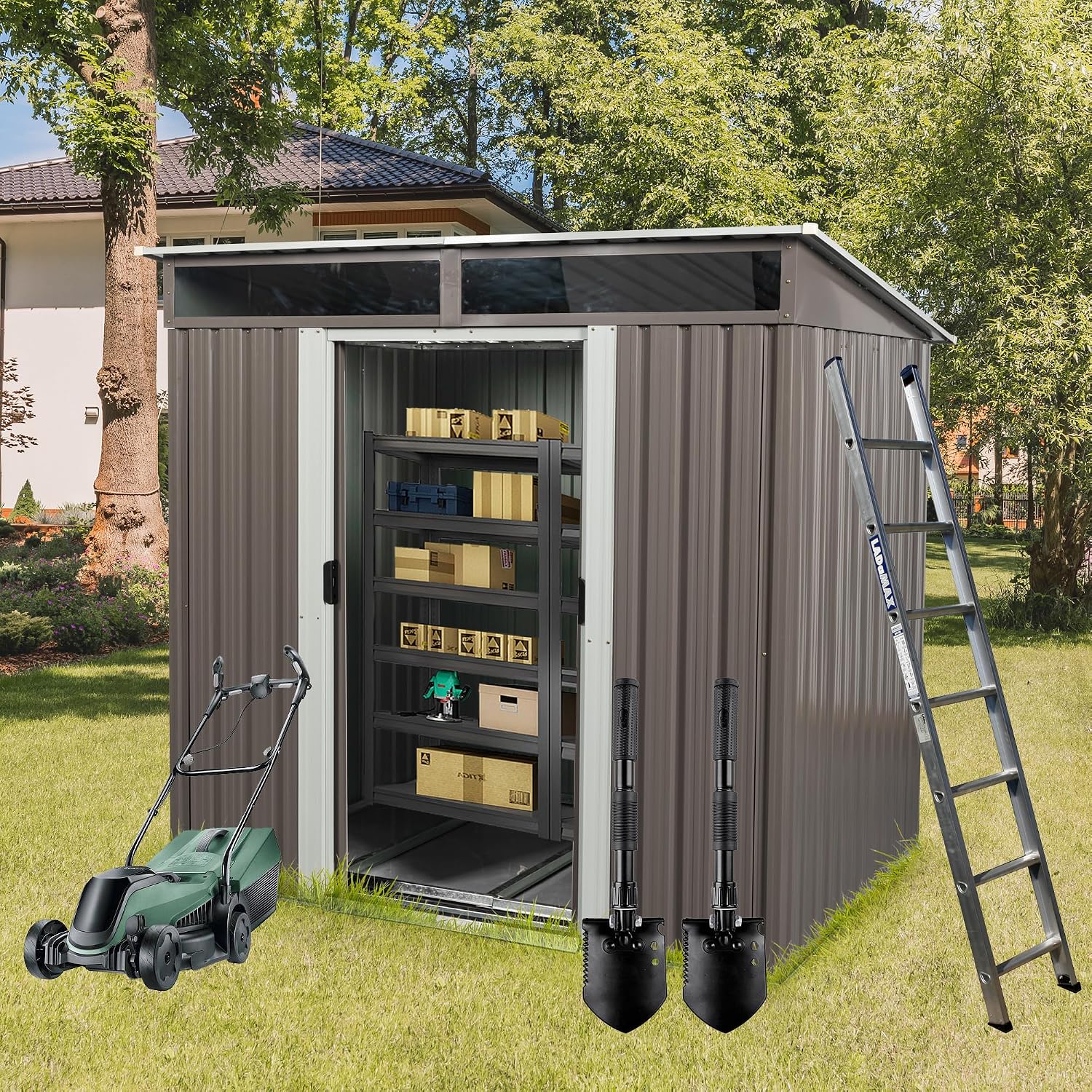 KELRIA 6ft x 6ft Outdoor Metal Storage Shed with Metal Floor Base,Metal Outdoor Storage Sheds with Sliding Doors, Large Garden Shed Outdoor Utility Tool Shed with Pent Roof for Backyard Lawn, Coffee