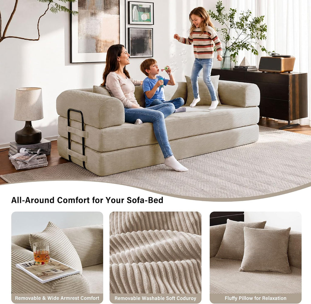 79' Convertible Sofa Bed, 5-in-1 Corduroy Boneless Couch Bed Sofa Pull Out, Memory Foam Couch, No Assembly Futon Couches for Living Room (Beige)