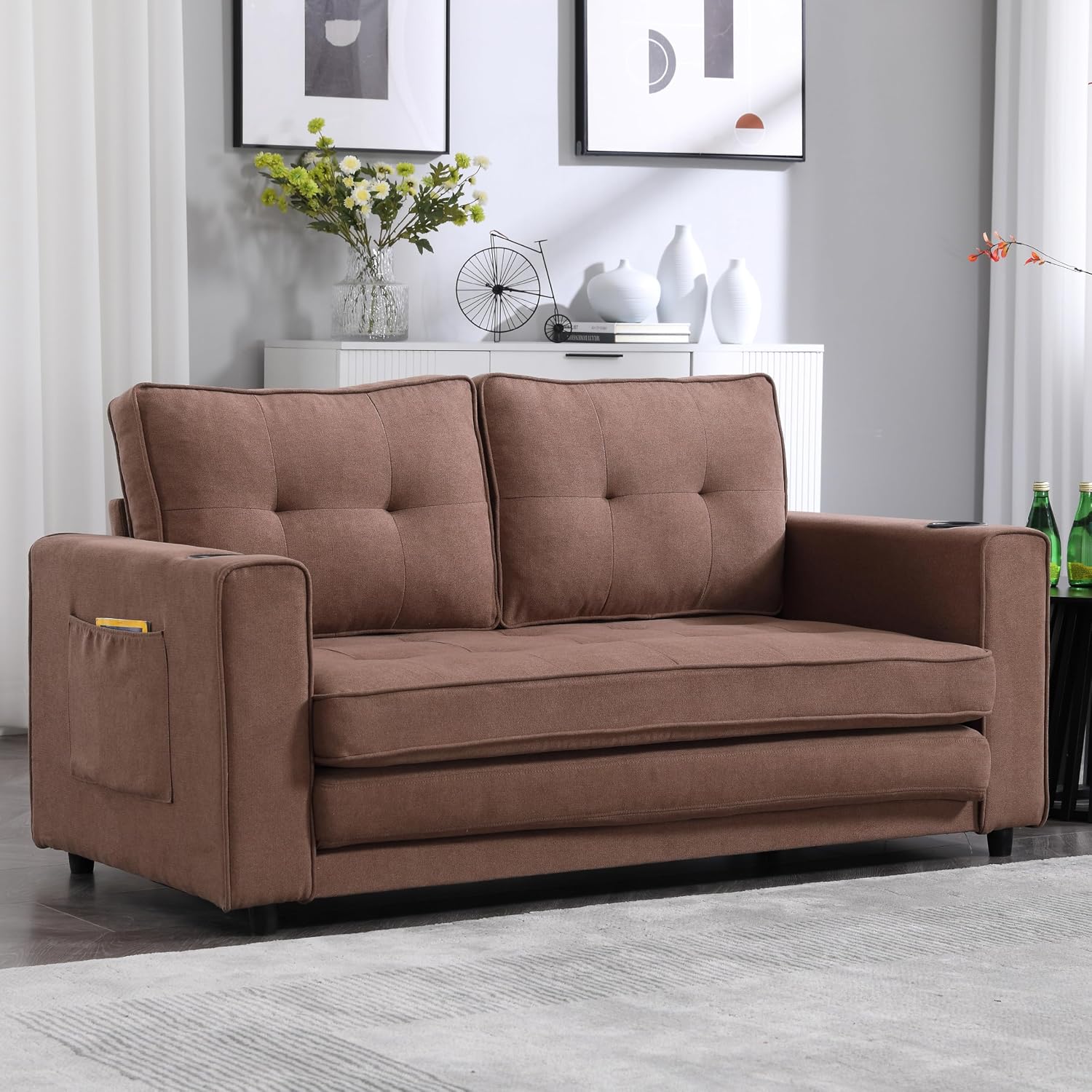 Merax Folding Sofa Bed with 2 Storage Pockets, Linen Convertible Couch Bed with Cup Holders, Loveseat Sleeper Sofa, Folding Couch Bed for Small Spaces for Living Room, Apartment, Brown