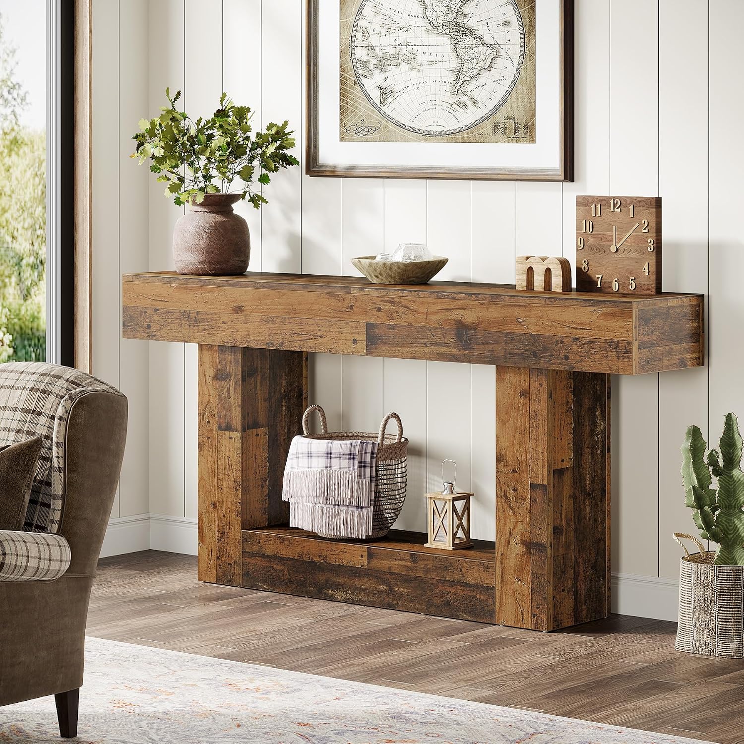 Tribesigns 63' Console Table, Farmhouse 2-Tier Entryway Table with U-Shaped Base, Narrow Long Wood Sofa Table Behind Couch Table for Living Room, Hallway, Foyer, Mix Brown