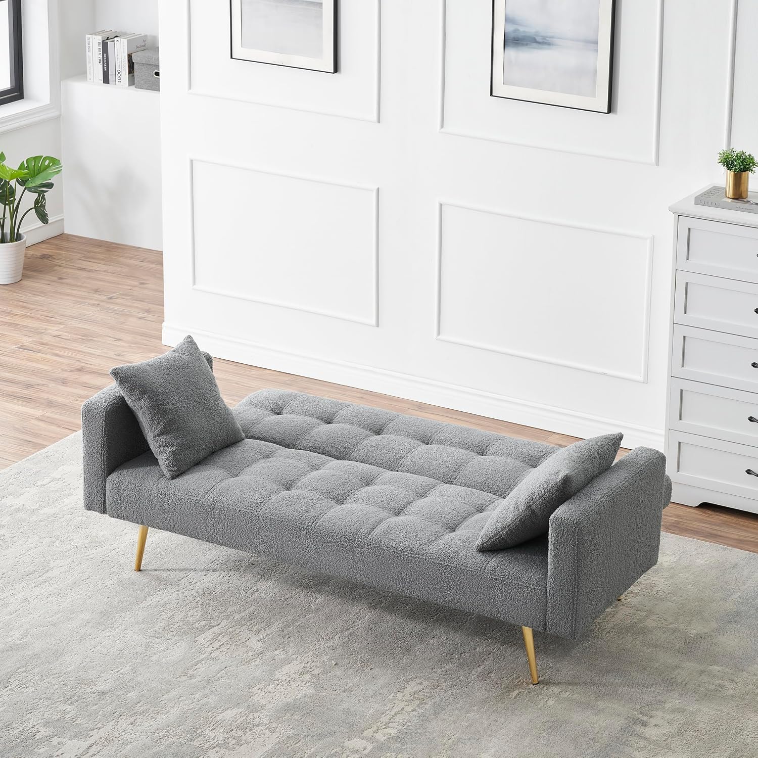 Eafurn Teddy Fleece Folding Sleeper Sofa Bed Convertible Futon Loveseat Couch with 3 Adjustable Backrest, Tufted Recliner Lounge Sofabed Daybed with Golden Metal Legs for Living Room Apartment