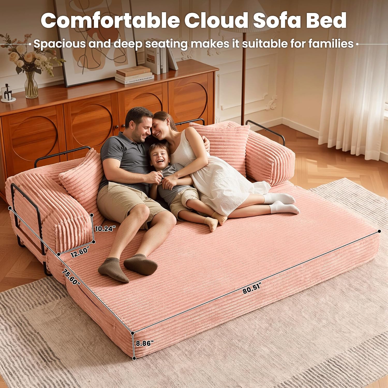ovios 81' Folding Sofa Bed, Foldable Sleeper Boneless Couch with Pull Out Beds, Modular Convertible Floor Futon Loveseat Lounger for Living Room (Faux Fur, Pink)
