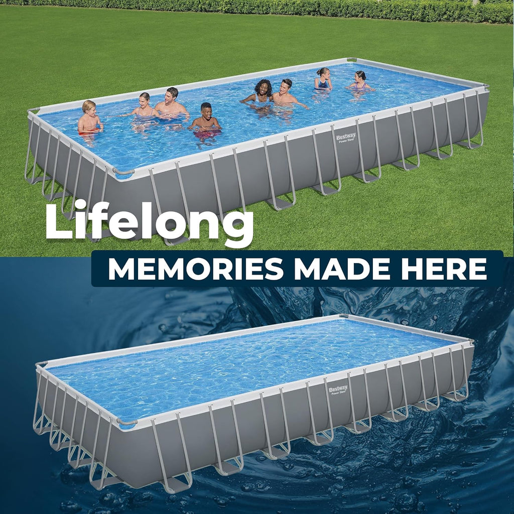 Bestway Power Steel 31'4' x 16' x 52' Above Ground Pool, Rectangular Metal Frame Outdoor Swimming Pool Set with Sand Filter Pump, Ladder, and Cover