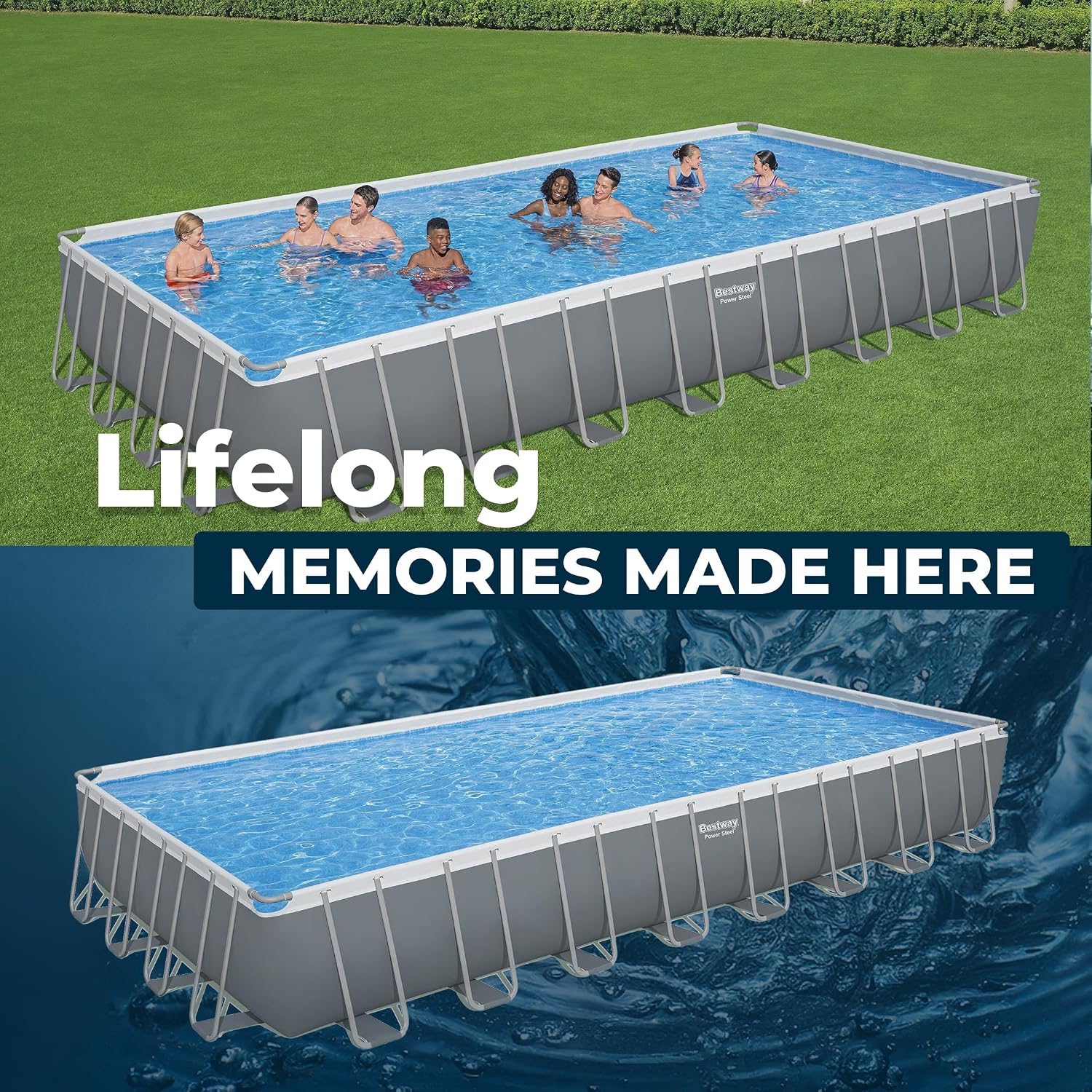 Bestway Power Steel 31'4' x 16' x 52' Above Ground Pool, Rectangular Metal Frame Outdoor Swimming Pool Set with Sand Filter Pump, Ladder, and Cover