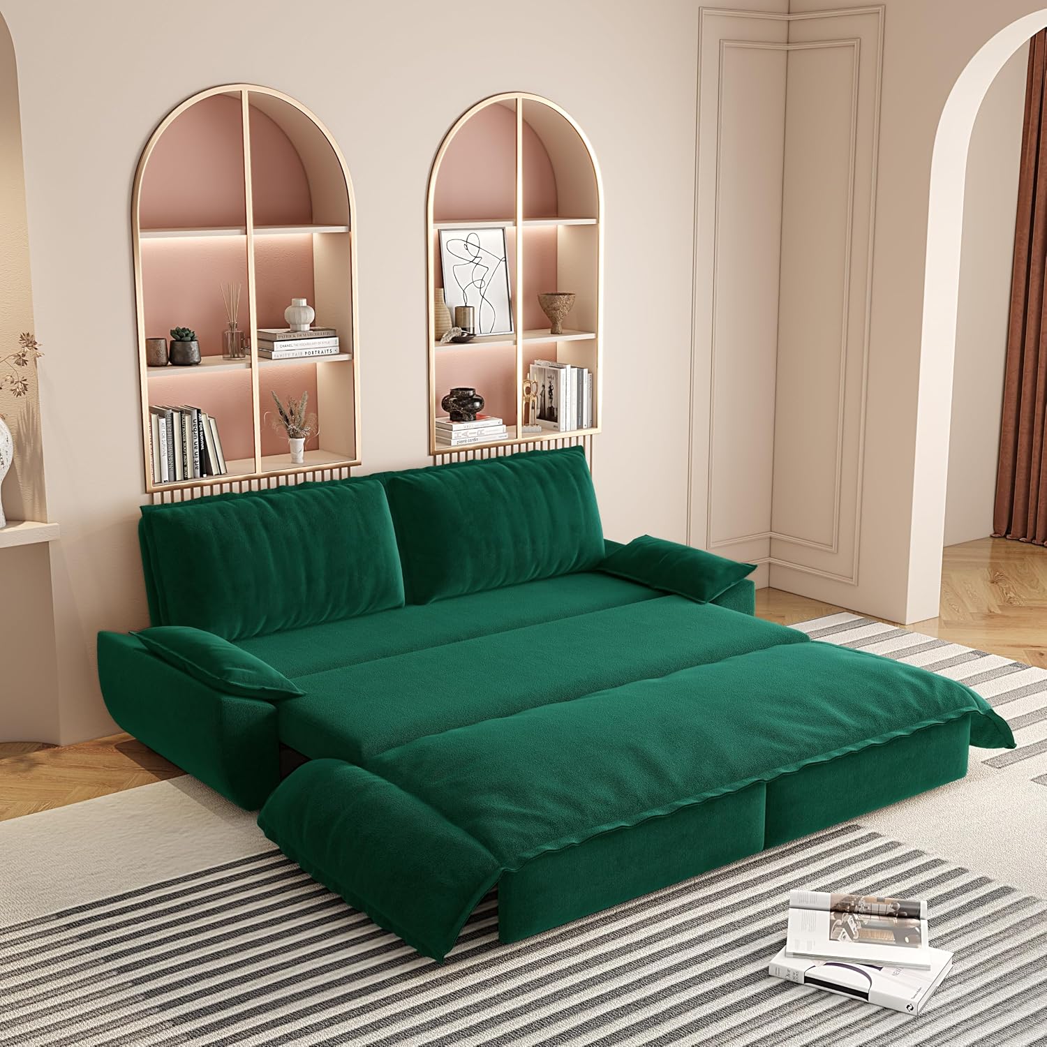 3 in 1 Convertible Queen Sleeper Sofa Bed Comfy Pull Out Futon Couch Bed 73.2' Modern Velvet Recliner Loveseat Sofa Multi-Functional Green Cloud Couch for Living Room,Apartment,Office (Green 73.2')