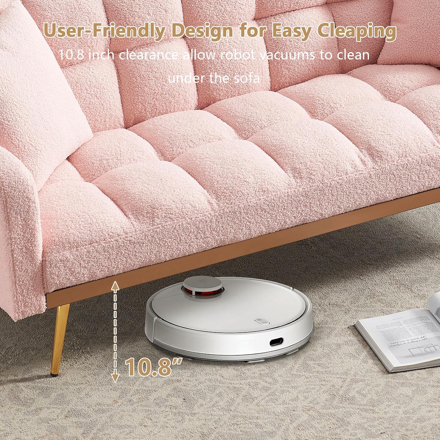 Teddy Futon Sofa Bed,69' Modern Small Love Seat Couch for Small Spaces,Convertible Tufted Sleeper Sofa Loveseat Couch Bed with Gold Metal Legs for Living Room,Bedroom,Apartment (Teddy Pink)