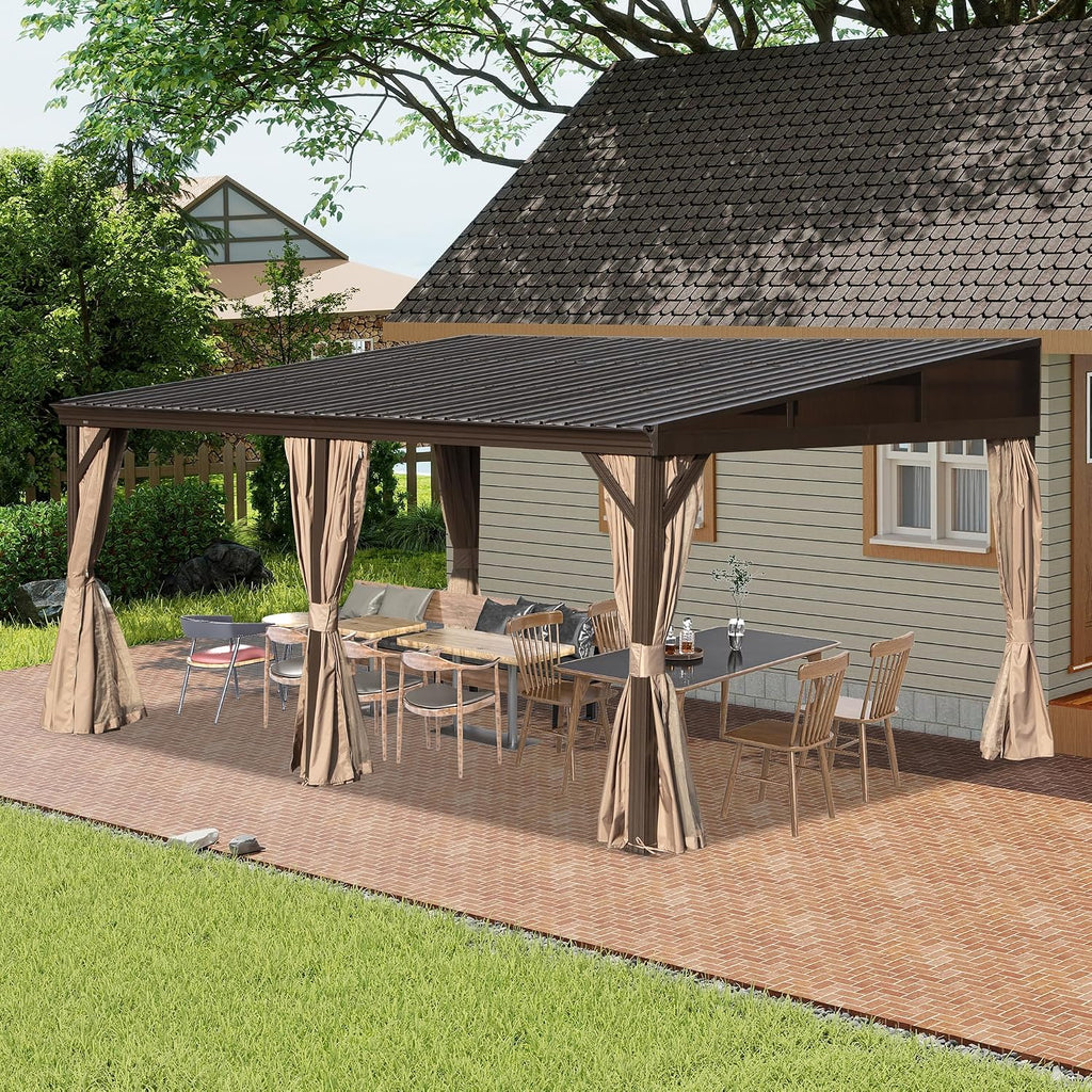 DOMI 12x16FT Lean to Gazebo, Outdoor Hardtop Wall Mounted Gazebo with Sloping Galvanized Steel Roof, Durable Aluminum Frame, Netting Curtain for Deck, Porch, Backyard