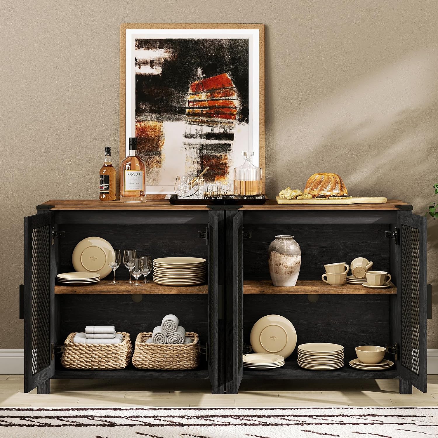 WAMPAT TV Stand Set for 100 inch TV,Door Storage Cabinet with Mesh for Living Room,Farmhouse Storage Units with Open and Adjustable Shelf,Antique White, Dark Walnut and Black
