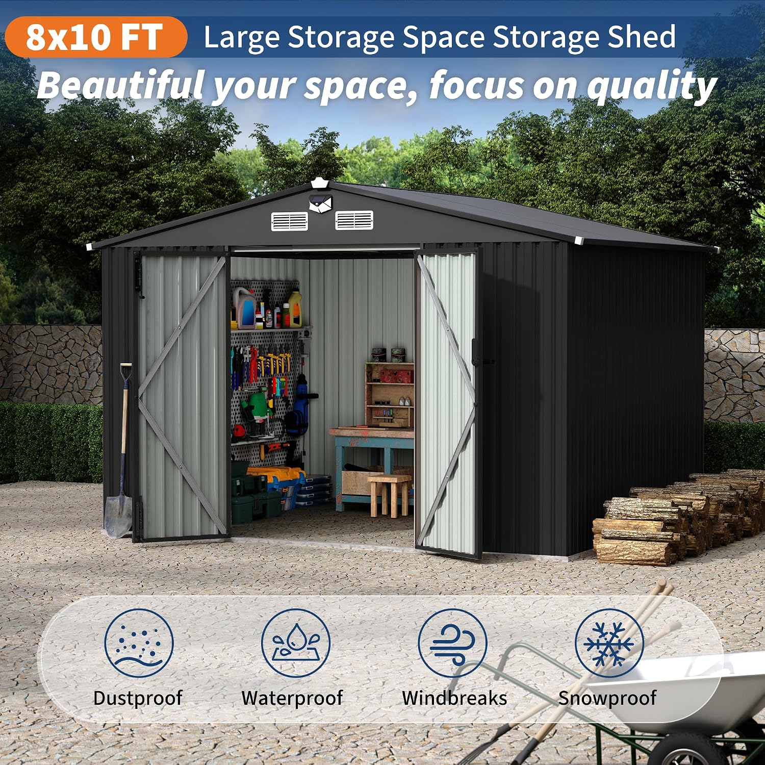 8X10 FT Metal Storage Sheds Outdoor, Metal Yard Sheds Garden Shed Kit, Tool Shed with Lockable Door, Utility Sheds Buildings with Air Vent for Backyard Garden Patio Lawn