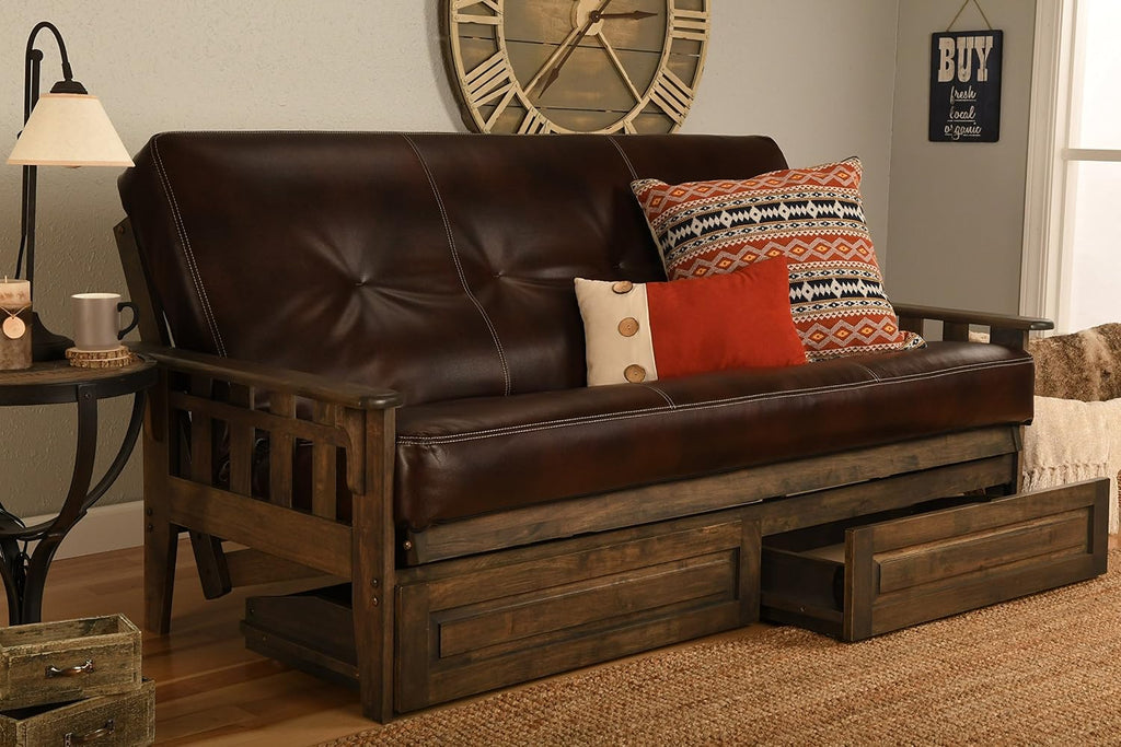 FutonX Rustic Walnut Frame and Mattress Set with Choice to add Drawers, 8 Inch Innerspring Futon Sofa Bed Full Size Wood (Leather Cappuccino Matt, Frame and Drawers)