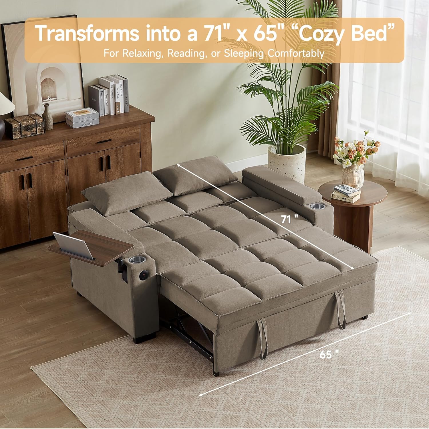 hansones 66' Multi-Functional Pull-Out Sofa Bed with Hidden Side Table, Storage Armrests, Built-in Charging Port, Spring Mattress, Solid Wood Frame – Ideal for Small Spaces, Easy Assembly