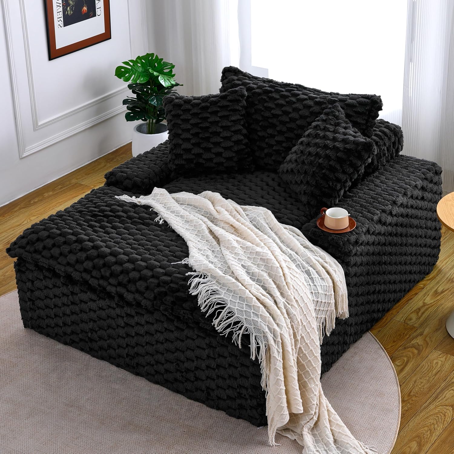 51 Inch Lounge Sofa, Boneless Cloud Couch for Living Room Bedroom, Comfy Reading Chair for Adults, Soft Textured Sleeper Chair with 2 Pillows, Frameless Floor Seating (Black)