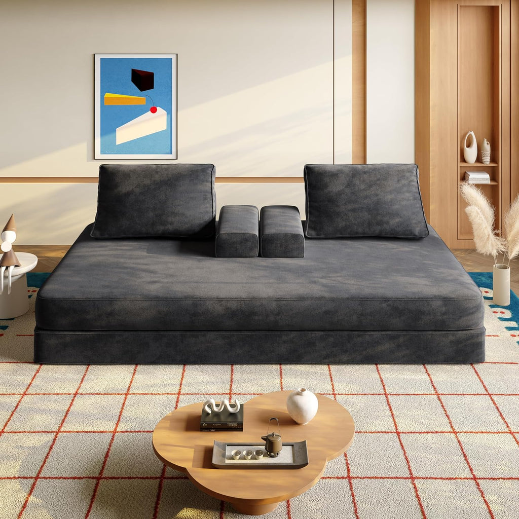 86.6' Queen Floor Sleeper Sofa Bed | Convertible Foam Folding Mattress Couch | King Size Futon Couch Bed for Adjustable Backrests | Sleeper Lounge Chair for Living Room, Playroom, Apartment, Dark Grey