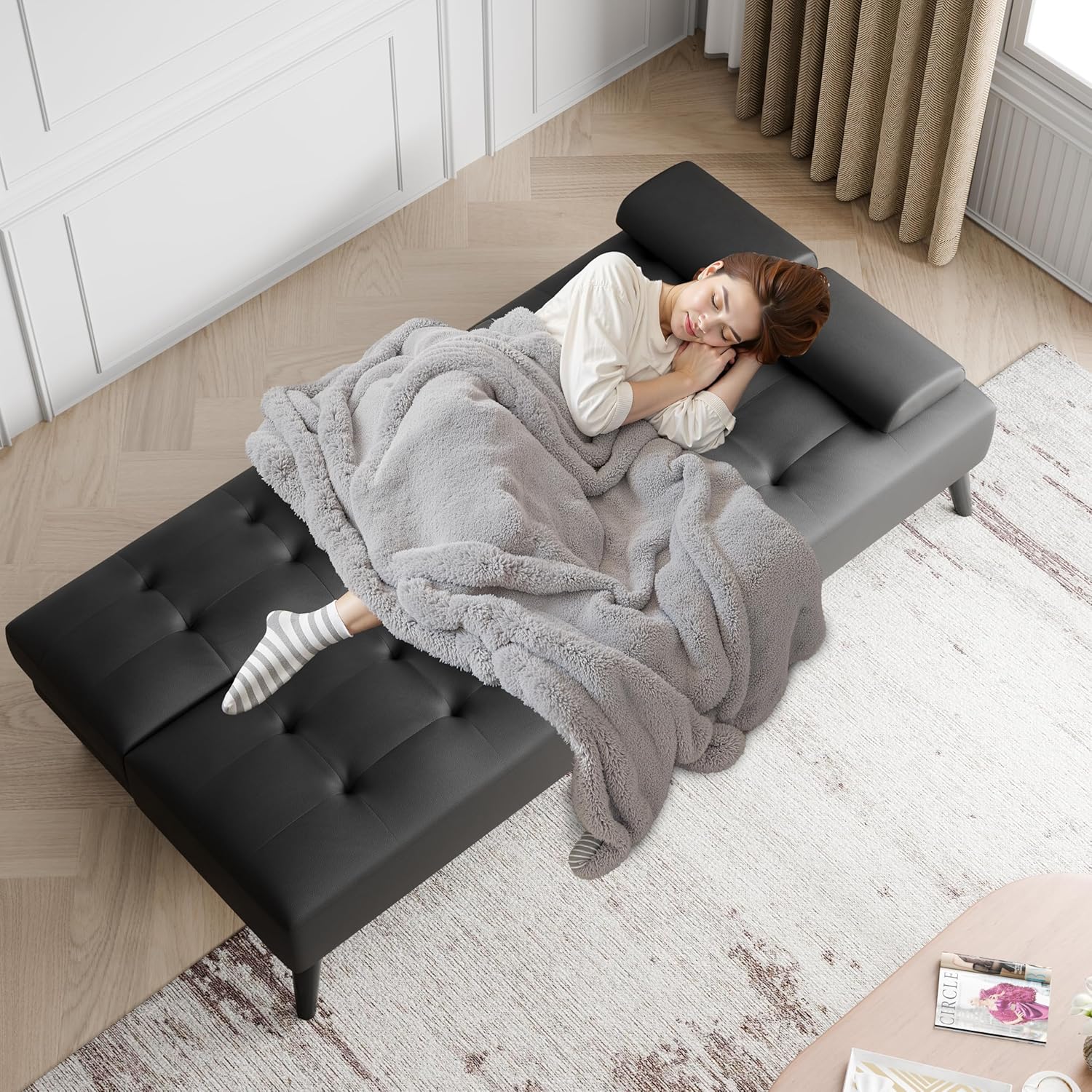 JAMFLY Futon Sofa Bed, Modern Convertible Folding Loveseat - Multi-Functional Recliner with 3-Angle Adjustment, Detachable Armrests with Cup Holders - Ideal for Small Spaces, Black Leather