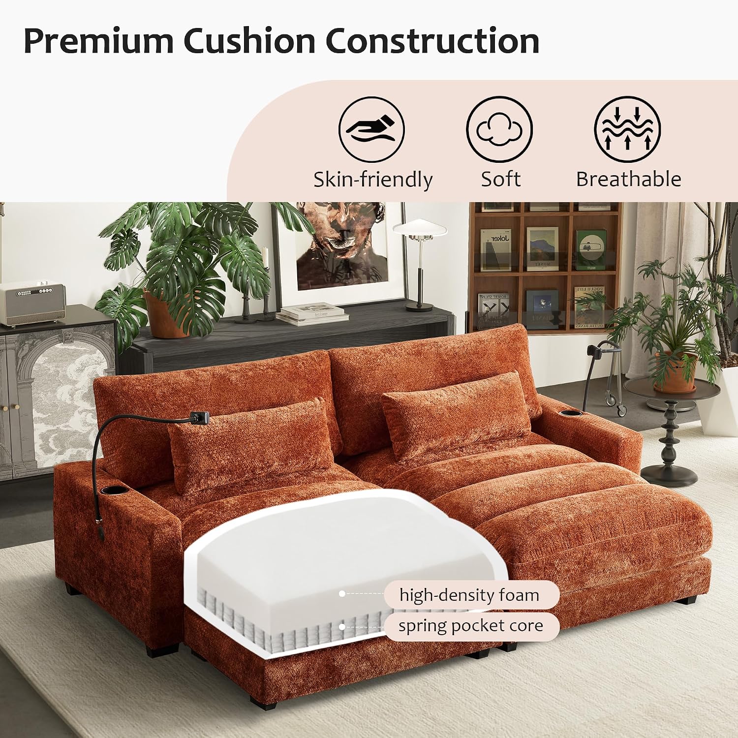 Yoglad Oversized Recliner Lounge Chair Set of 2 with USB Charging & Phone Holder - 400lb Heavy Duty Soft Chenille Reading Chair for Adults, Perfect for Small Spaces in Bedroom/Living Room, Orange