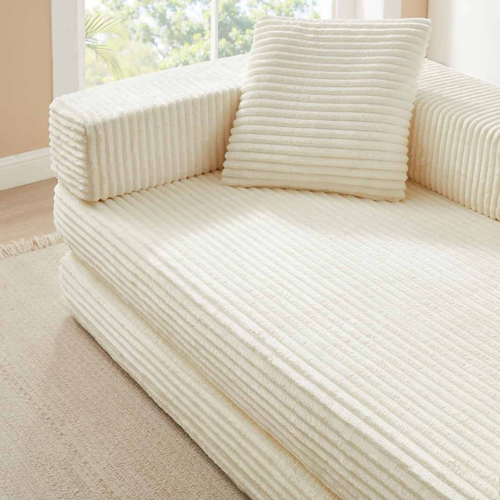 81'' Futon Sofa Bed, Folding Floor Couch Bed, Corduroy Fabric Boneless Couch, Compressed Boneless Sofa in a Box, Comfy Sleeper for Living Room-Beige