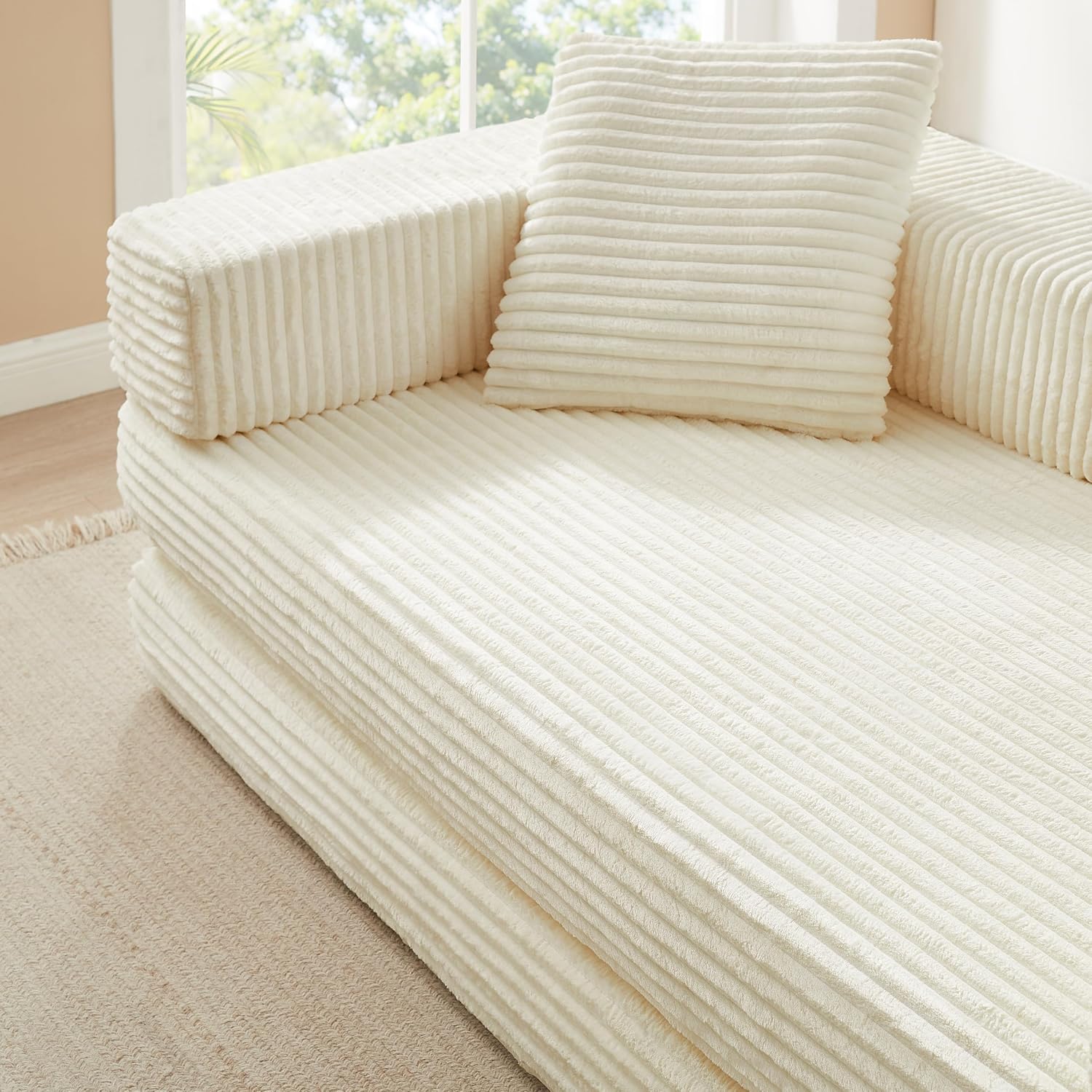 81'' Futon Sofa Bed, Folding Floor Couch Bed, Corduroy Fabric Boneless Couch, Compressed Boneless Sofa in a Box, Comfy Sleeper for Living Room-Beige
