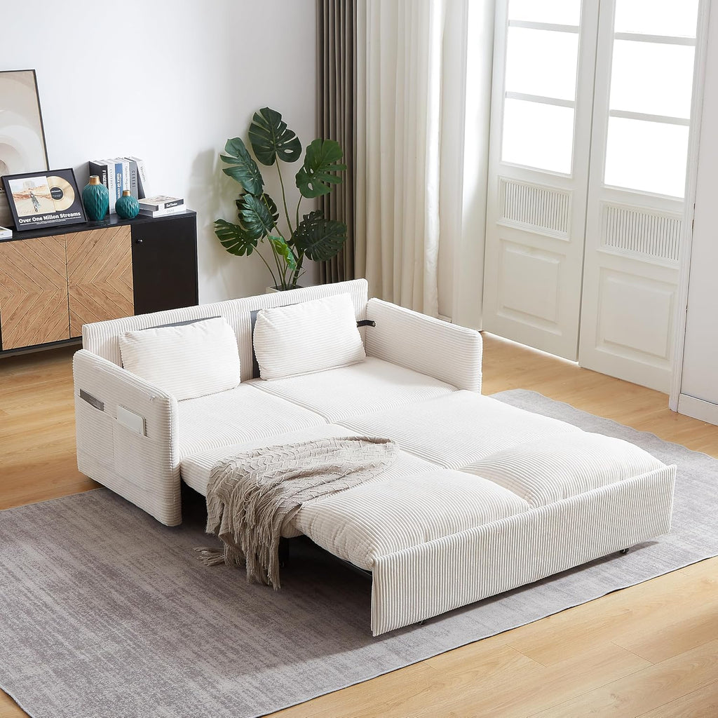 Eafurn 3 in 1 Convertible Pull Out Sleeper Sofa Couch Bed Queen Size, Corduroy Pullout Lounge Loveseat RV Sofa&Couches Sofabed with Soft Pillows Armrest,Side Pockers for Living Room Apartment