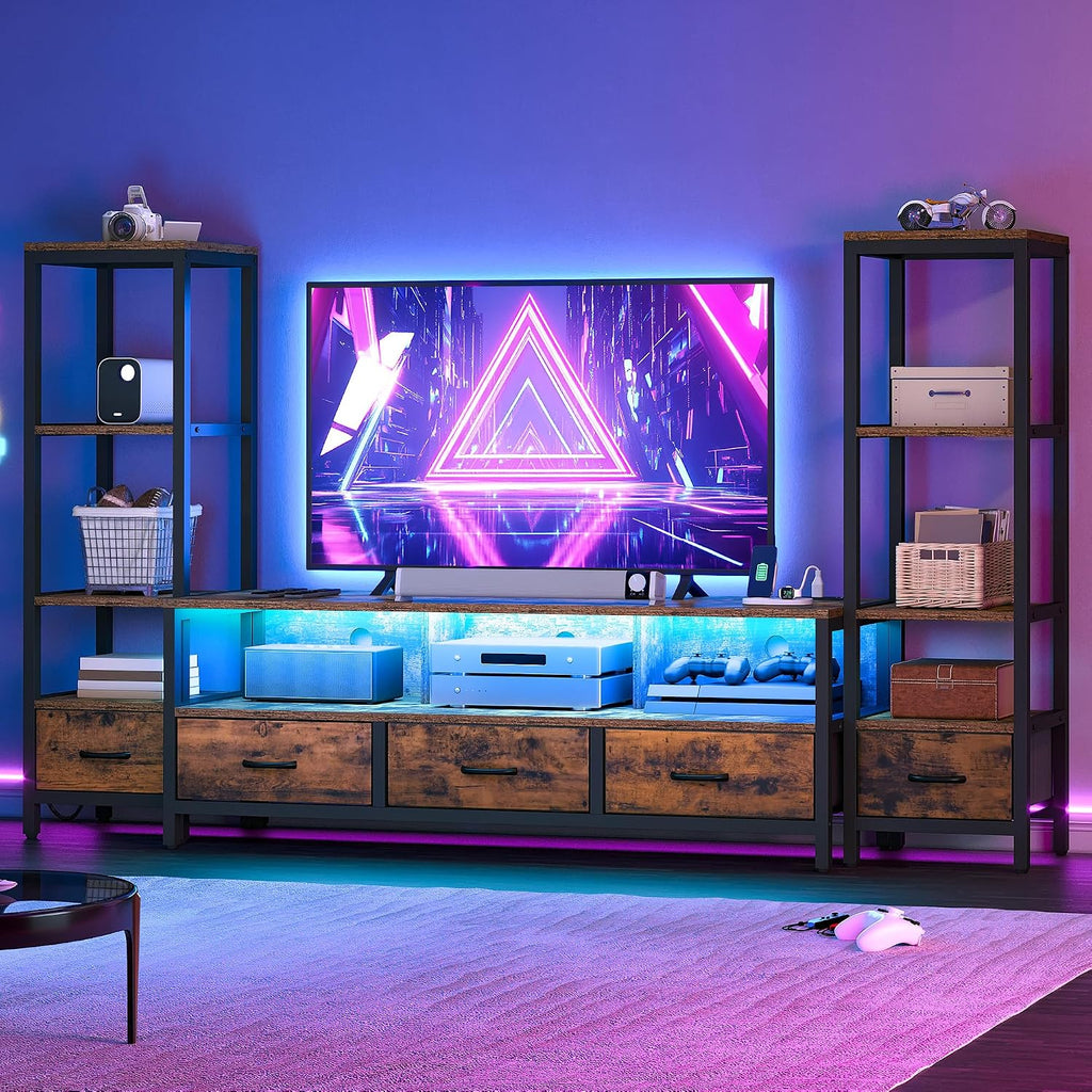 DWVO Entertainment Center with Bookshelves, LED TV Stand for 65/60 inch TV, Retro TV Stand for Living Room with 2 Industrial 4-Tier Bookshelves & Power Outlets,Rustic Brown