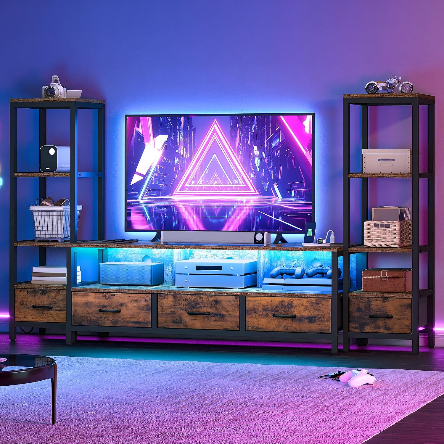 DWVO Entertainment Center with Bookshelves, LED TV Stand for 65/60 inch TV, Retro TV Stand for Living Room with 2 Industrial 4-Tier Bookshelves & Power Outlets,Rustic Brown