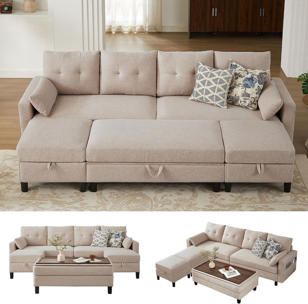 101' Convertible Sectional Sofa with Ottoman Coffee Table, Modern Linen Fabric U-Shaped Couch with Storage Pocket, 4 Seat Sofa Couches for Living Room, Apartment, Office, Beige