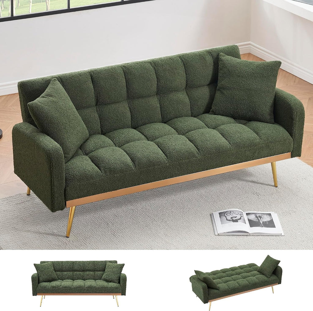 KEIKI 69' Folding Futon Sofa Couch w/Adjustable Backrest, Mid Century Modern Loveseat Convertible to Sleeper Bed, Small Comfy Teddy Cloud Couch SofaBed for Living Room & Bedroom, 2 Pillows, Green