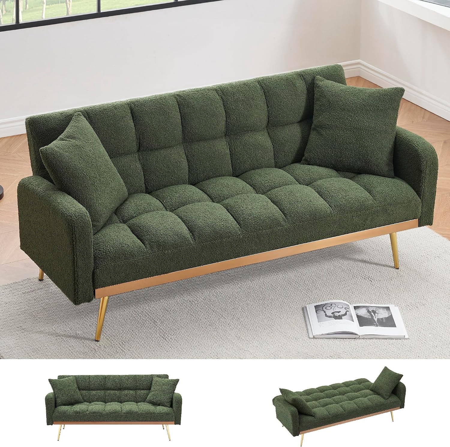 KEIKI 69' Folding Futon Sofa Couch w/Adjustable Backrest, Mid Century Modern Loveseat Convertible to Sleeper Bed, Small Comfy Teddy Cloud Couch SofaBed for Living Room & Bedroom, 2 Pillows, Green