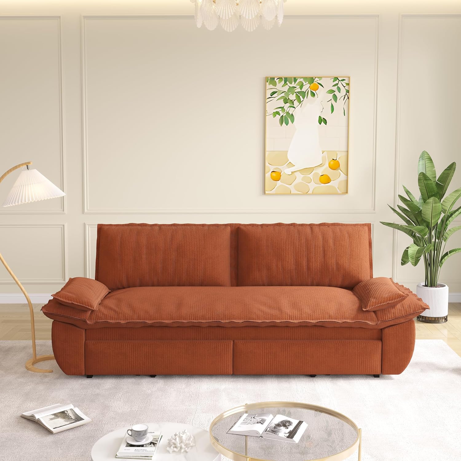 73.2' Sofa Bed Queen, 3-in-1 Pull Out Sofa Bed with Pillow Armrest, Modern Corduroy Convertible Sleeper Futon Sofa for Living Room Small Space, Apartment, Bedroom, Orange