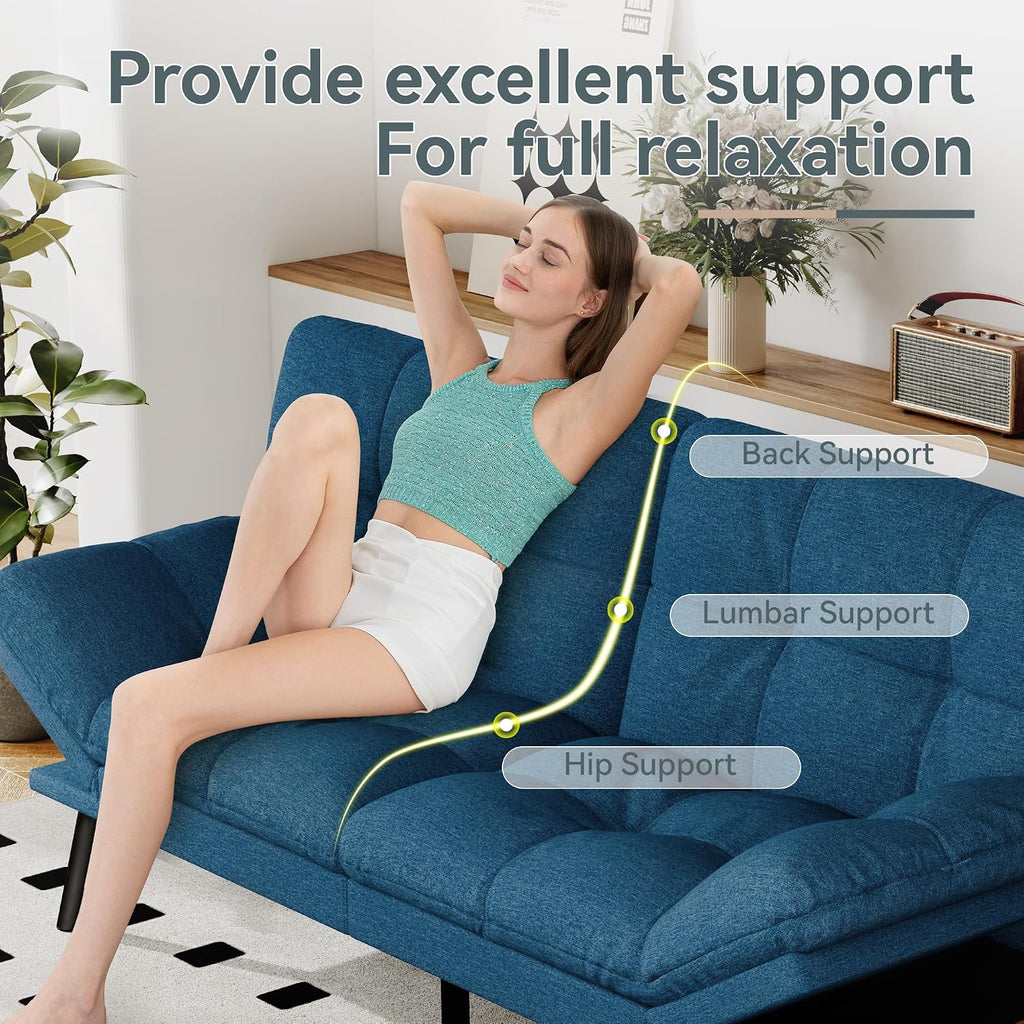 Futon Sofa Bed Convertible Couch, Blue Linen Sofa Bed with Memory Foam, Adjustable Backrest & Armrests, Multifunctional Small Loveseat Sleeper Sofa for Living Room, Apartment, Office