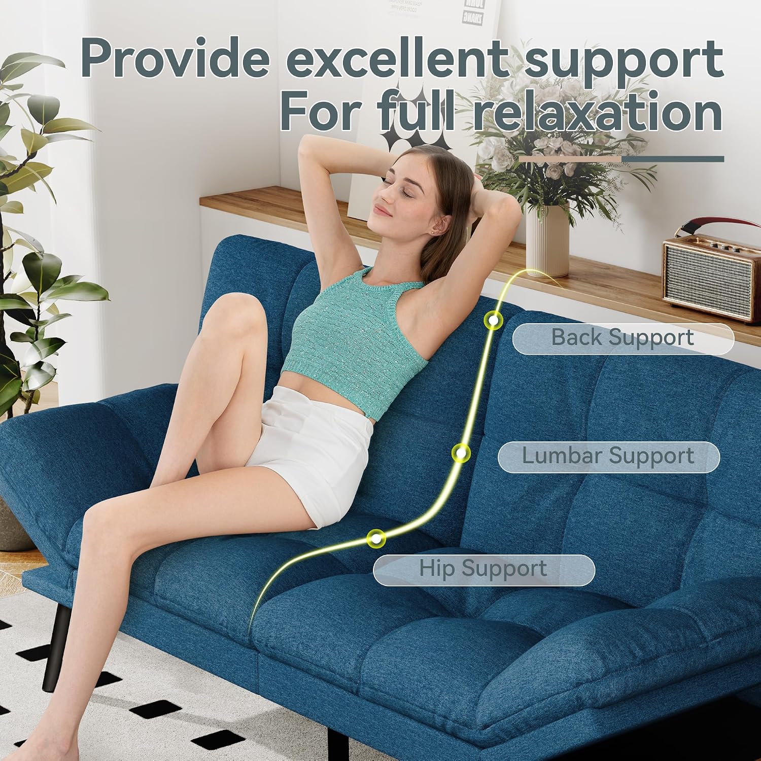Futon Sofa Bed Convertible Couch, Blue Linen Sofa Bed with Memory Foam, Adjustable Backrest & Armrests, Multifunctional Small Loveseat Sleeper Sofa for Living Room, Apartment, Office