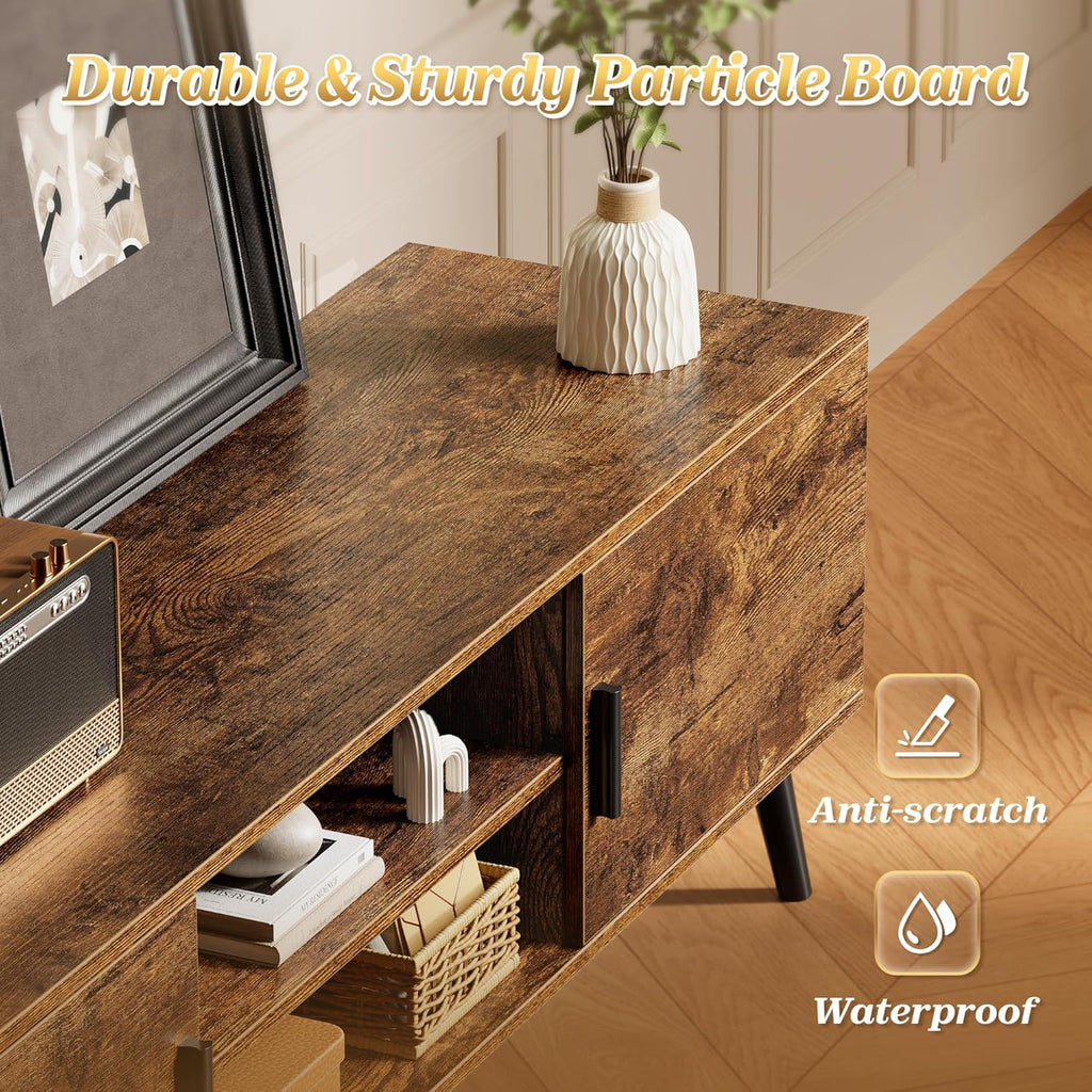 SUPERJARE TV Stand for 55, 65 Inch TV, 63 Inch Entertainment Center with Adjustable Shelf, 2 Cabinets, TV Console Table, Media Console, Solid Wood Feet, 4 Cord Holes, for Living Room, Rustic Brown