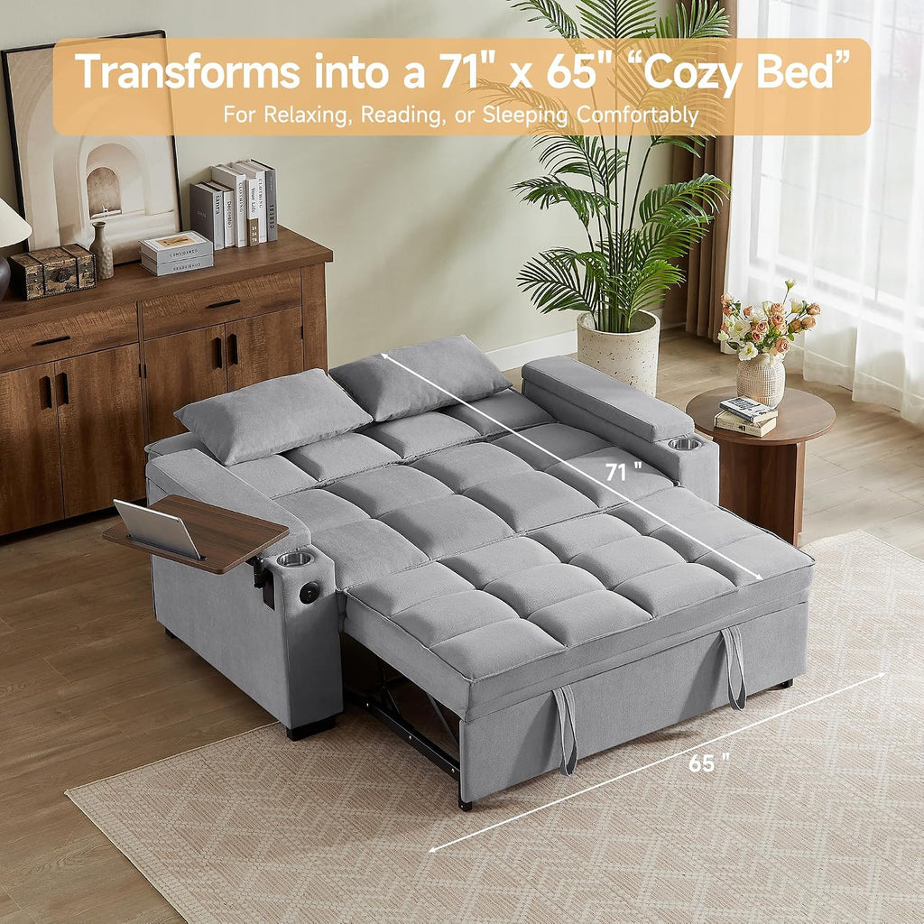 hansones 66' Multi-Functional Pull-Out Sofa Bed with Hidden Side Table, Storage Armrests, Built-in Charging Port, Spring Mattress, Solid Wood Frame – Ideal for Small Spaces, Easy Assembly