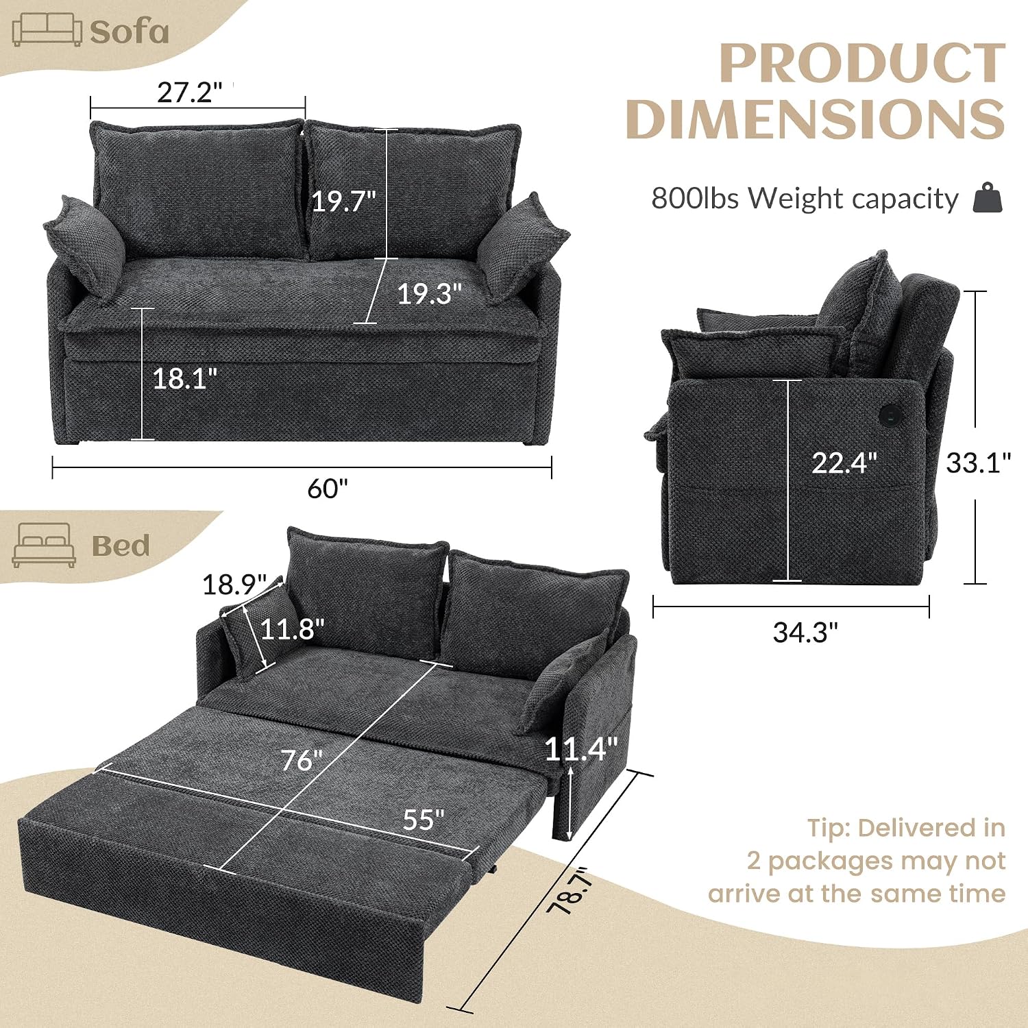 SUNWAVE 60' Queen Pull Out Sofa Bed - Convertible Sleeper Sofa Bed, Corduroy Loveseat Pull Out Couch with USB Charging, Side Pockets for Living Room, Bedroom, Small Spaces(Charcoal, 60')