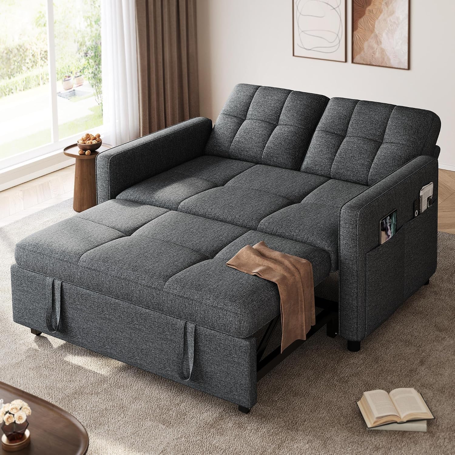DWVO 55' Convertible Sofa Bed, 3-in-1 Sleeper Sofa with Pull-Out Bed, Linen Futon Couch with Adjustable Backrest and Side Pocket, Modern Loveseat for Living Room Apartment, Grey