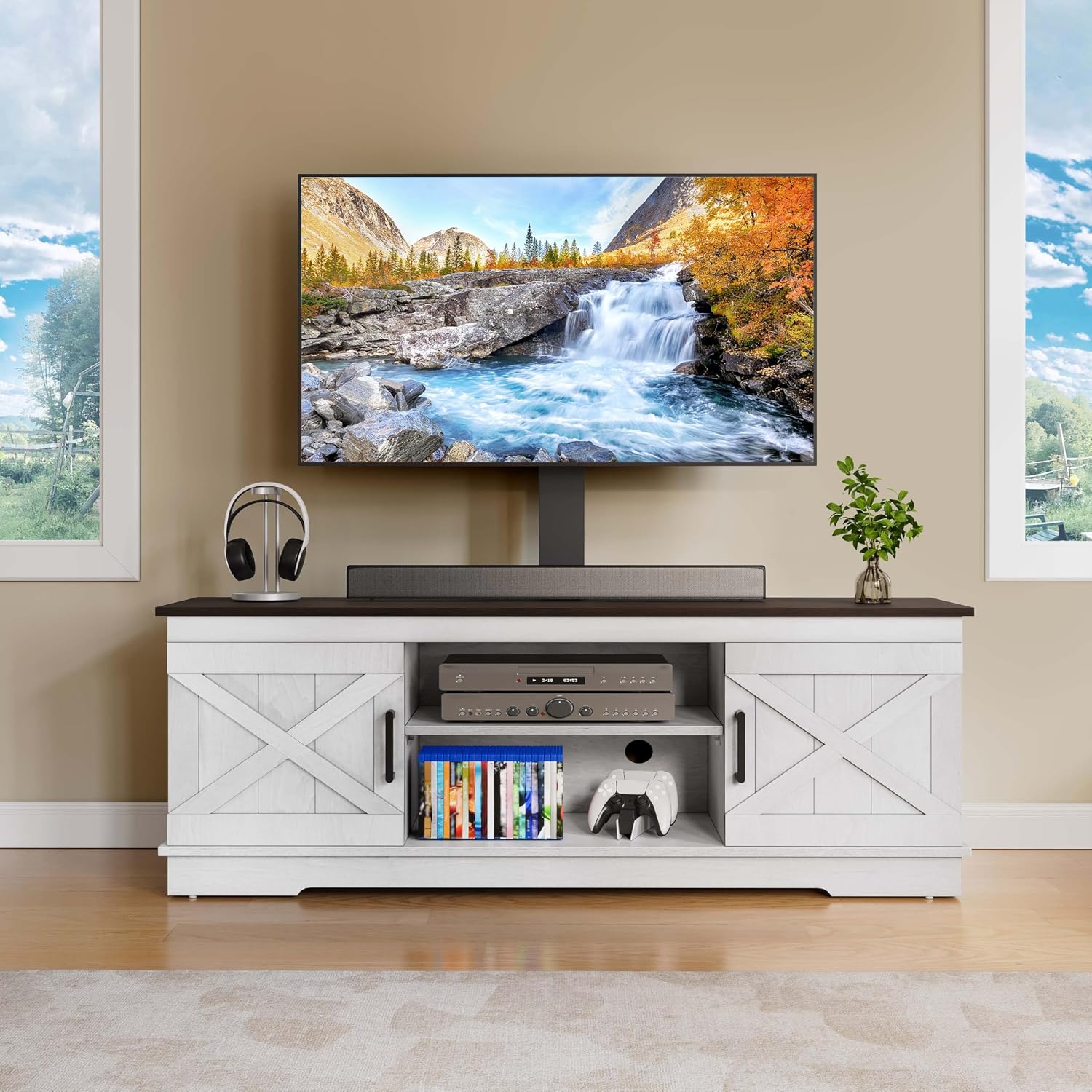 YITAHOME TV Stand with Mount for Living Room, Farmhouse TV Stand for 70 inch TV Entertainment Center, Media Console with Height Adjustable Mount, Grey White & Espresso