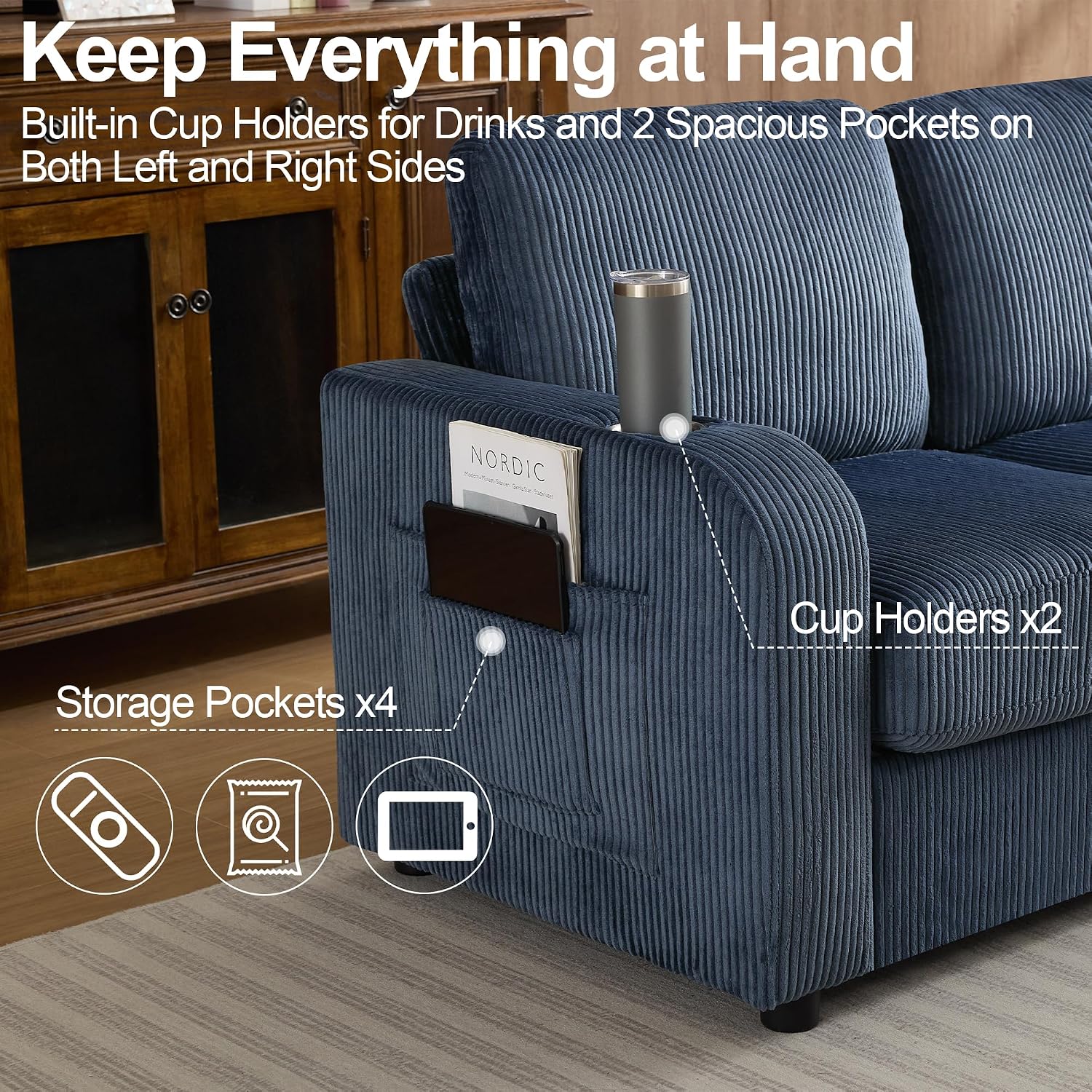 87.4' Oversize 3 Seater Couch, Upholstered Modern Sofa for Living Room, Comfy Deep Seat Loveseat Couch with Cup Holders,Corduroy Love Seat Sofa (Blue)