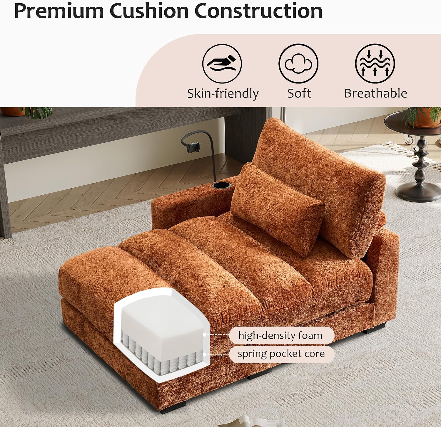Yoglad Oversized Recliner Lounge Chair with USB Charging & Phone Holder - 400lb Heavy Duty Soft Chenille Reading Chair for Adults, Perfect for Small Spaces in Bedroom/Living Room, Orange