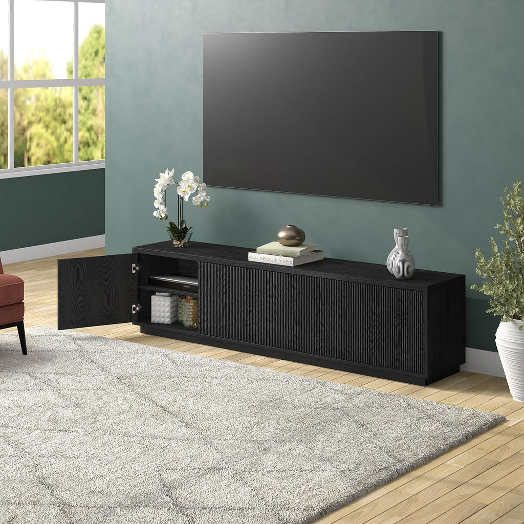 Henn&Hart Fluted TV Stand for TVs up to 85' with 2 Concealed Ribbed Storage Cabinets and Adjustable Shelves for Living Room, Family Room, or Office, Natural Black