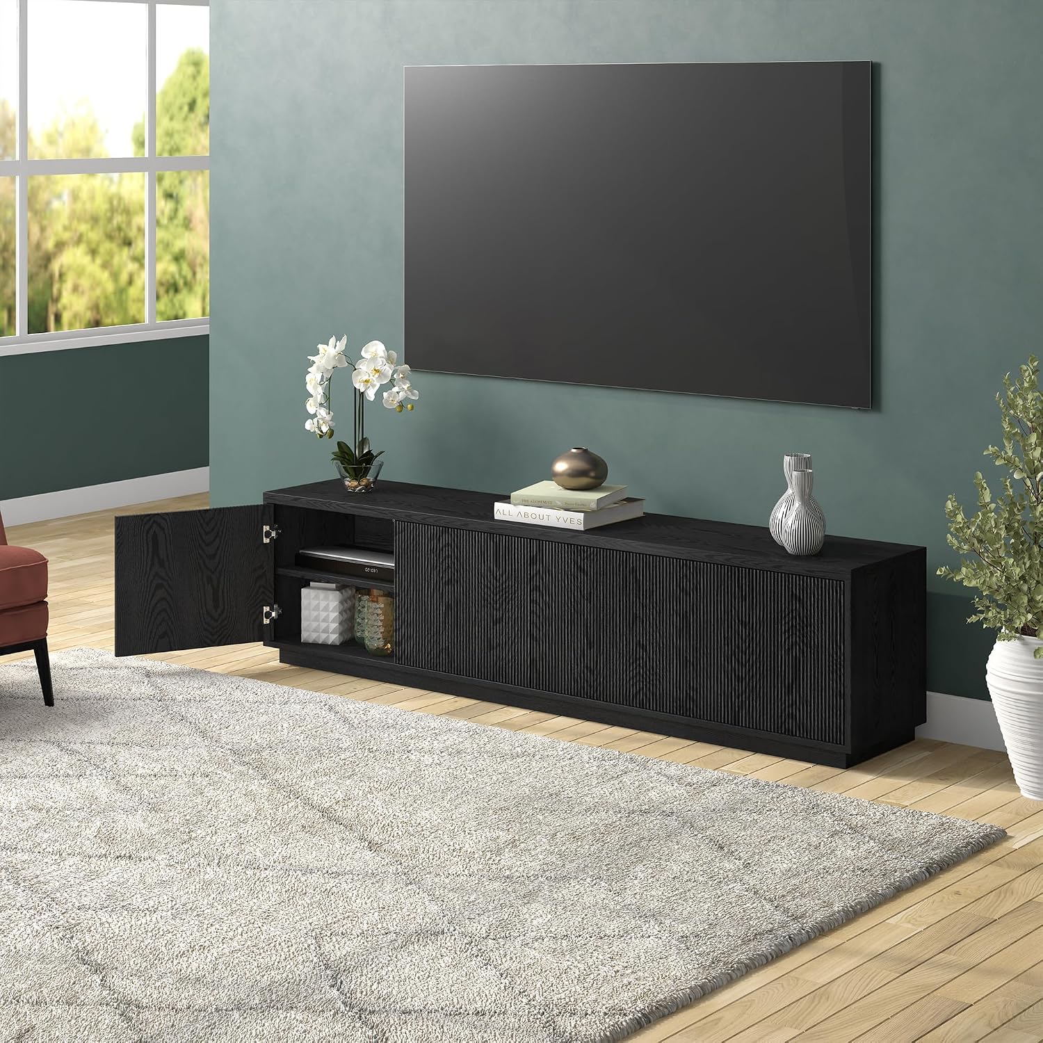 Henn&Hart Fluted TV Stand for TVs up to 85' with 2 Concealed Ribbed Storage Cabinets and Adjustable Shelves for Living Room, Family Room, or Office, Natural Black