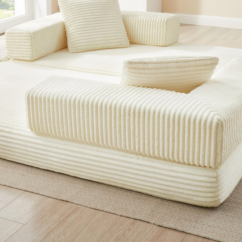 81'' Futon Sofa Bed, Folding Floor Couch Bed, Corduroy Fabric Boneless Couch, Compressed Boneless Sofa in a Box, Comfy Sleeper for Living Room-Beige