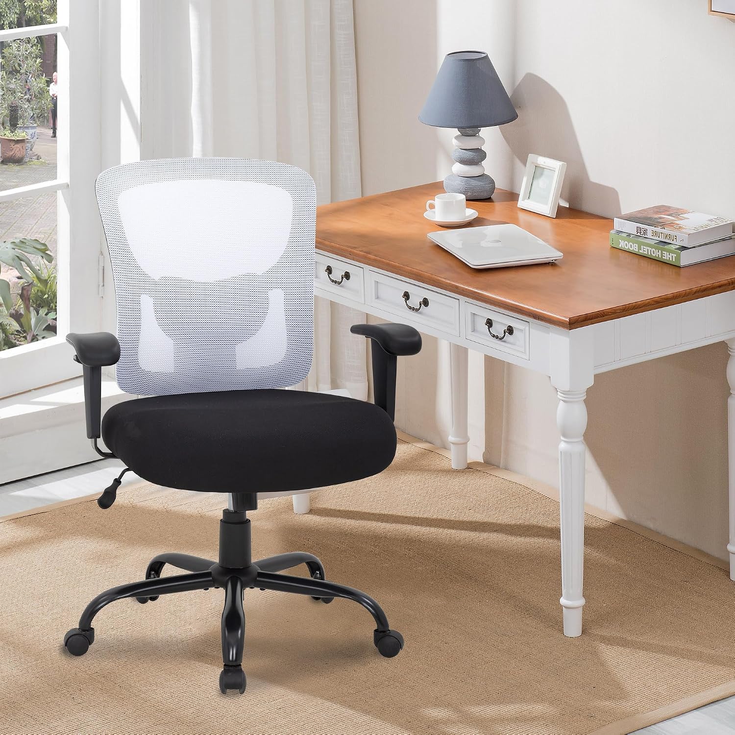 Big and Tall Office Chair 400lbs Desk Chair Mesh Computer Chair with Lumbar Support Wide Seat Adjust Arms Rolling Swivel High Back Task Executive Ergonomic Chair for Home Office (White)