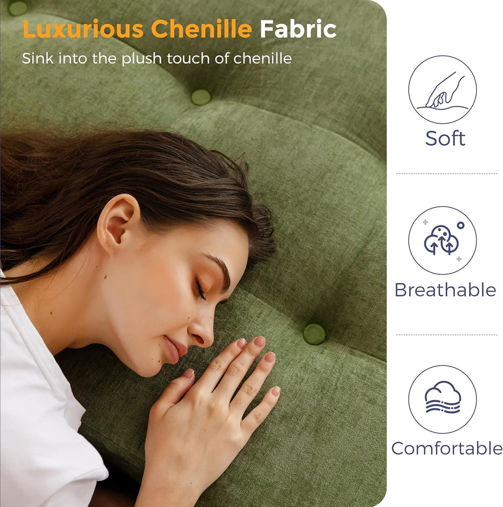 MAXYOYO 6' Folding Sofa Bed for Floor, Tufted Tri-Fold Floor Mattress with Chenille Fabric, Twin Size Portable Sofa Couch Guest Mat for Adults, Foldable Topper for Camping, Green, 35.4'x75'